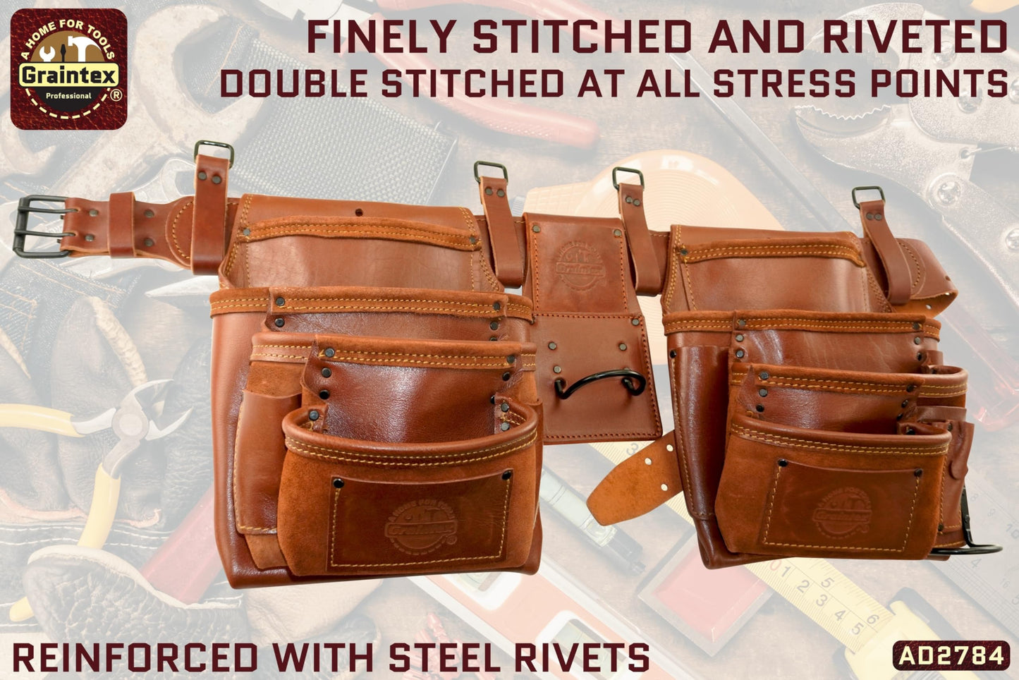 GRAINTEX AD2784 :: 4 Piece 17 Pocket Framer's Tool Belt Combo Ambassador Series Chestnut Brown Color Grain Leather