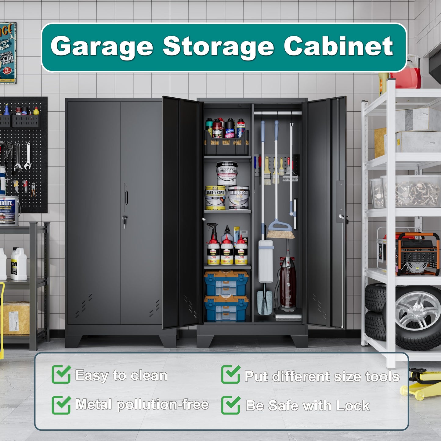 OSKEBABO Broom Closet Storage Cabinet, Garage Storage Cabinet with Pegboard & Hanging Rod, Tool Organizer Steel Lockers for Garage, Laundry Room, Home Office, 61" Hx 27.7" Wx13.8 D