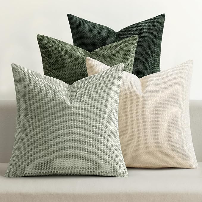 MIULEE Pack of 4 Couch Throw Pillow Covers 22x22 Inch Neutral Green Soft Decorative Chenille Pillow Covers Farmhouse Accent Cushion Covers for Boho Spring Home Decor Sofa Bedroom Living Room