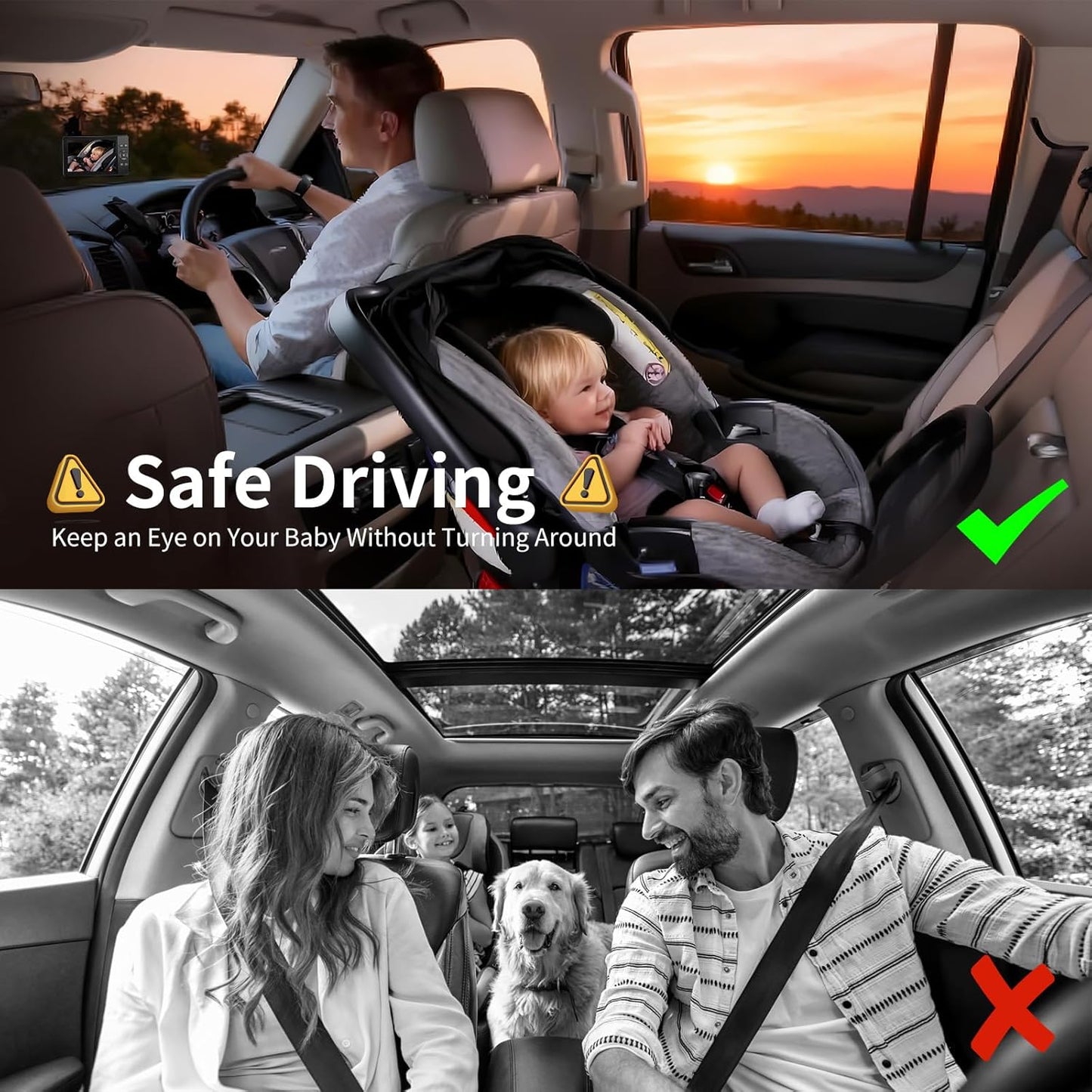 Setup 4.3'' 1080P 4X Zoom,10 360 Baby Car Camera,Plug and Play Easy HD Car Baby Monitor with Lullabies, Auto IR Night