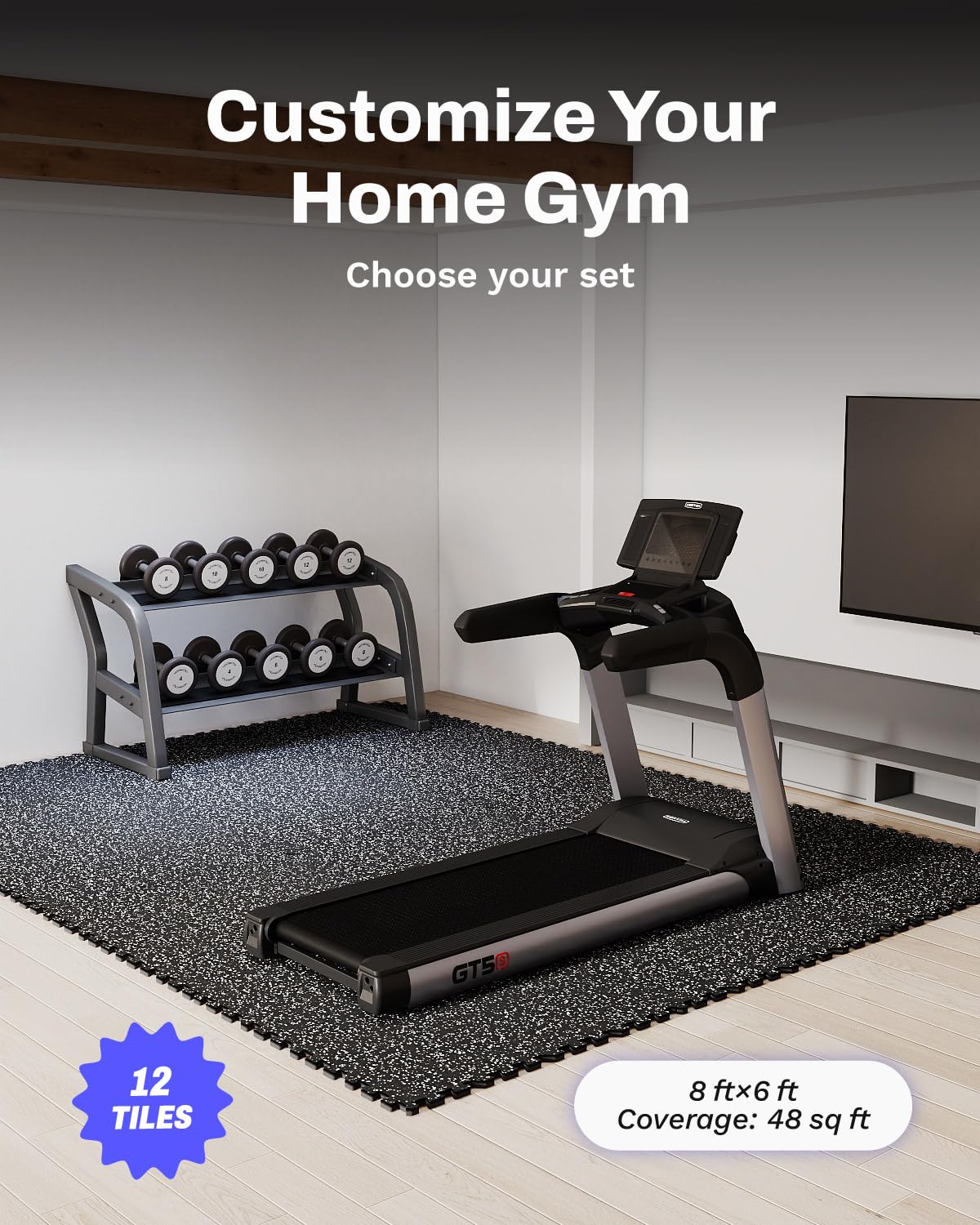 AIRHOP 0.79in Thick 48 Sq Ft Exercise Equipment Mats, 12 Tiles Upgraded Rubber Top with High Density EVA Foam, Large Interlocking Puzzle Gym Flooring for Home Gym, Heavy Weight Workout,Black & White