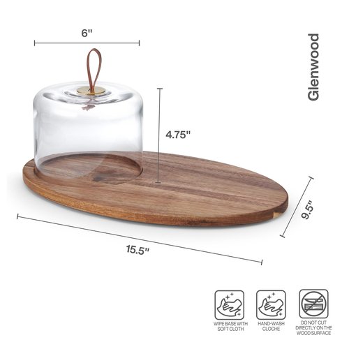 Mikasa Glenwood Oval Serve Board Tray with Glass Cloche Dome, 15.5 inch