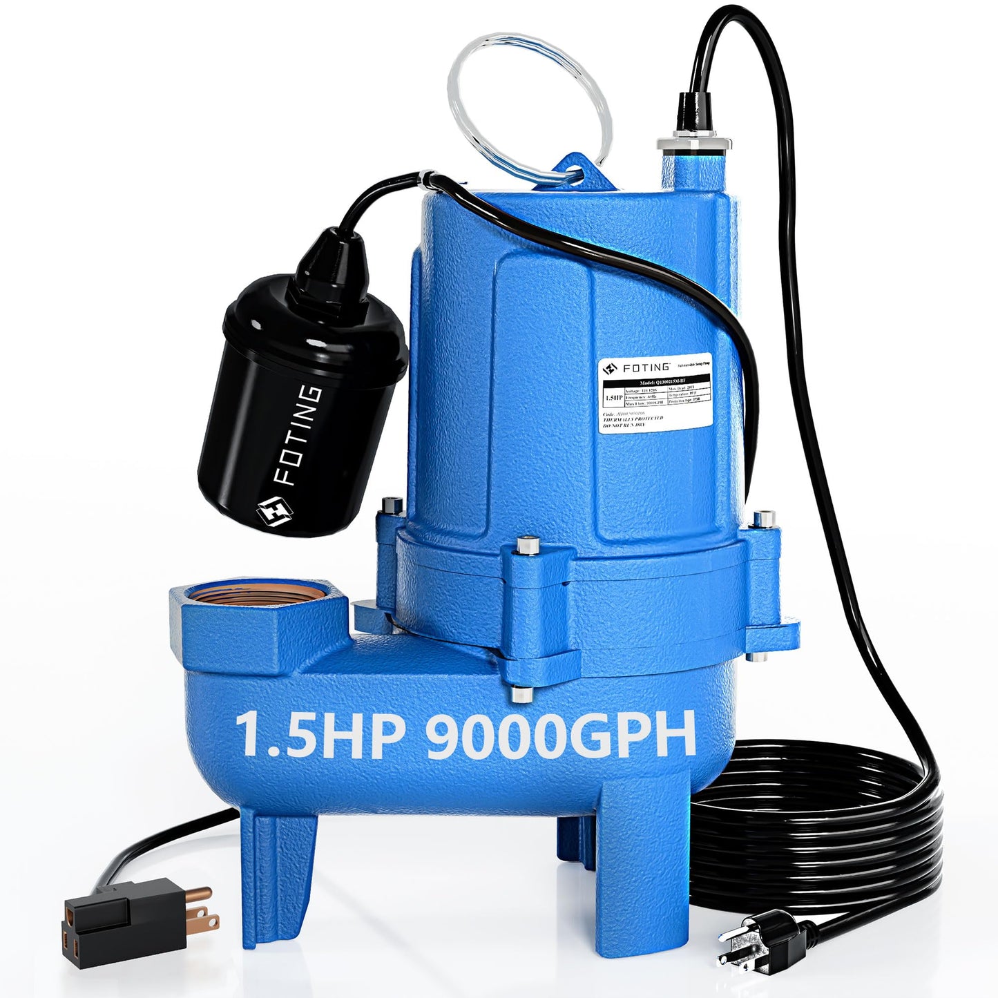 FOTING 1.5HP 9000GPH Sump Pump Submersible Sewage/Effluent Pump - Heavy Duty Cast Iron Automatic/Manual- Septic Pump for Sump Basin/Residential/Sewage/Basement,Sewage Pumps 2'' NPT Discharge,Blue