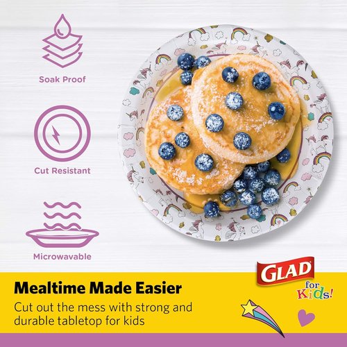 Glad Unicorn Theme Kids Plates - Heavy-Duty Disposable Paper Plates | Soak-Proof, Microwave Safe, 8.5 Inch, 20 Count