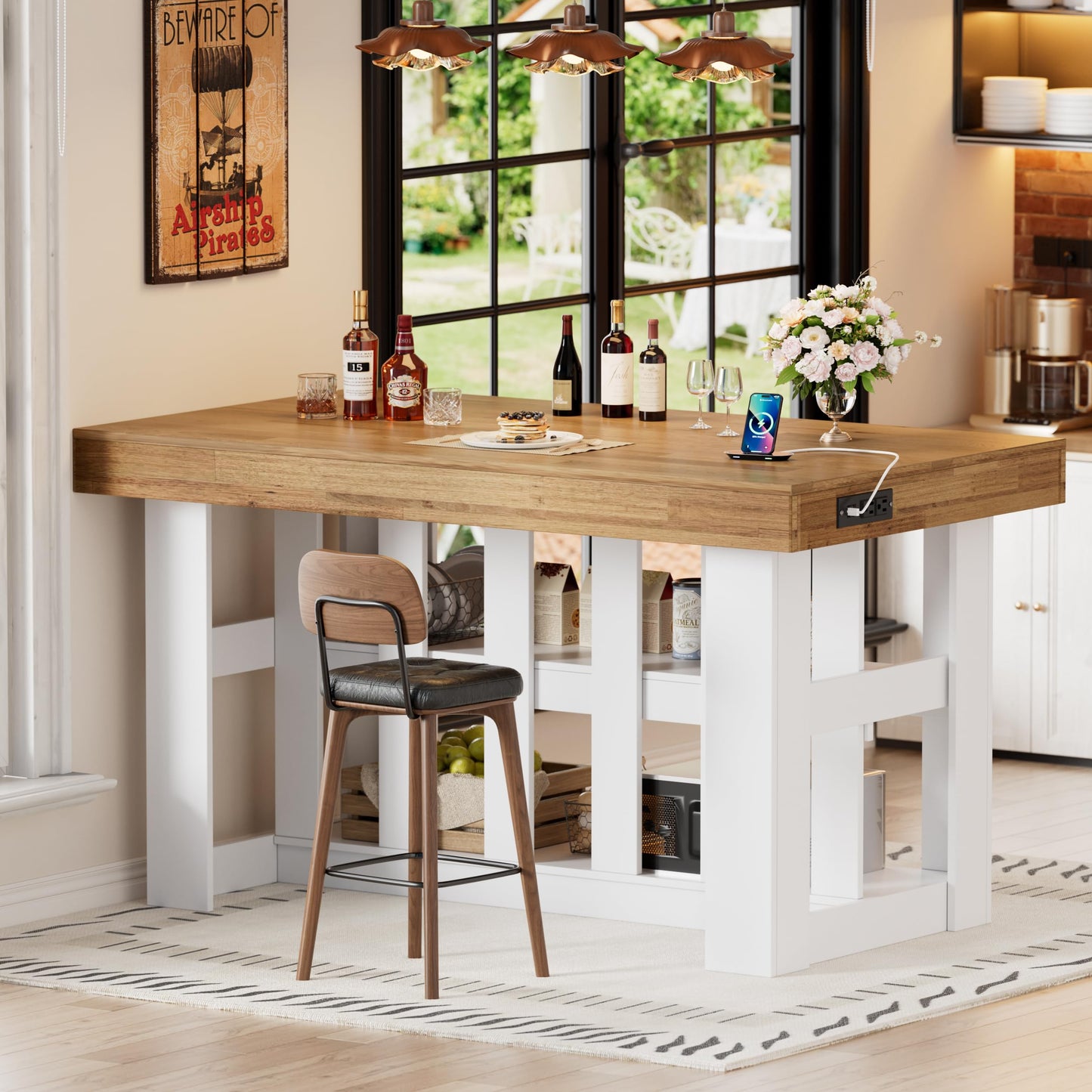 PAKASEPT 55" Kitchen Island with Storage, 3-Tier Farmhouse Wood Island Table with Power Outlets,Shelves for Kitchen, Dining Table for 4,Dining Room,Living Room,Home Bar,White
