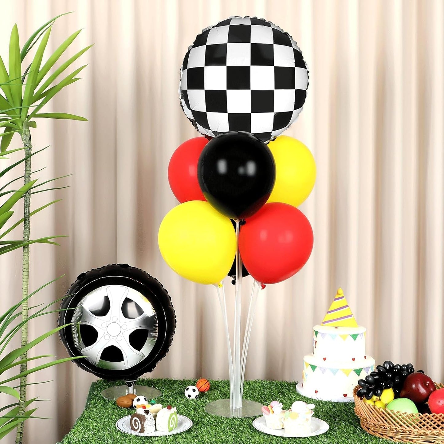 Skiennix Race Car Party Balloons Kit - 2 Sets with Checkered Foil Balloons | Red, Black, Yellow Decor for Boys' Birthday Parties
