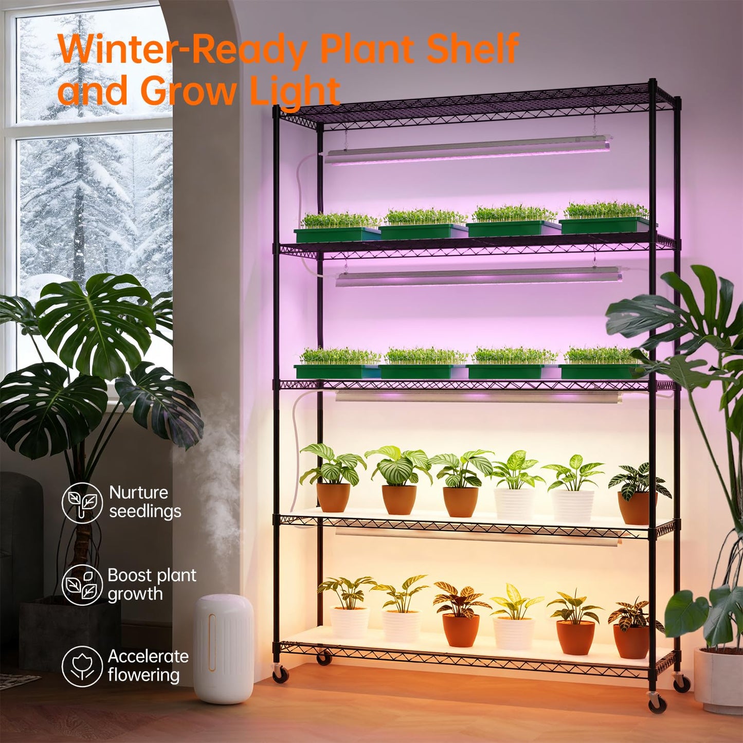 Bstrip Plant Stand with Grow Lights, 5 Tier Large 47.2x17.8x71IN Plant Shelf Indoor with 3FT T5 144w Grow Light, 3 Mode Full Spectrum LED Plant Light with Timer for Indoor Plants, Spring Seed Starting