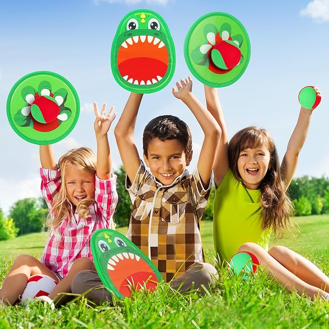 Big Dinosaur Toss and Catch Ball Set, Catch Game Outdoor Toys for Kids and Toddler, Backyard Lawn Games Pool Beach Toys with 4 Rackets, 4 Balls, 1 Drawstring Bag