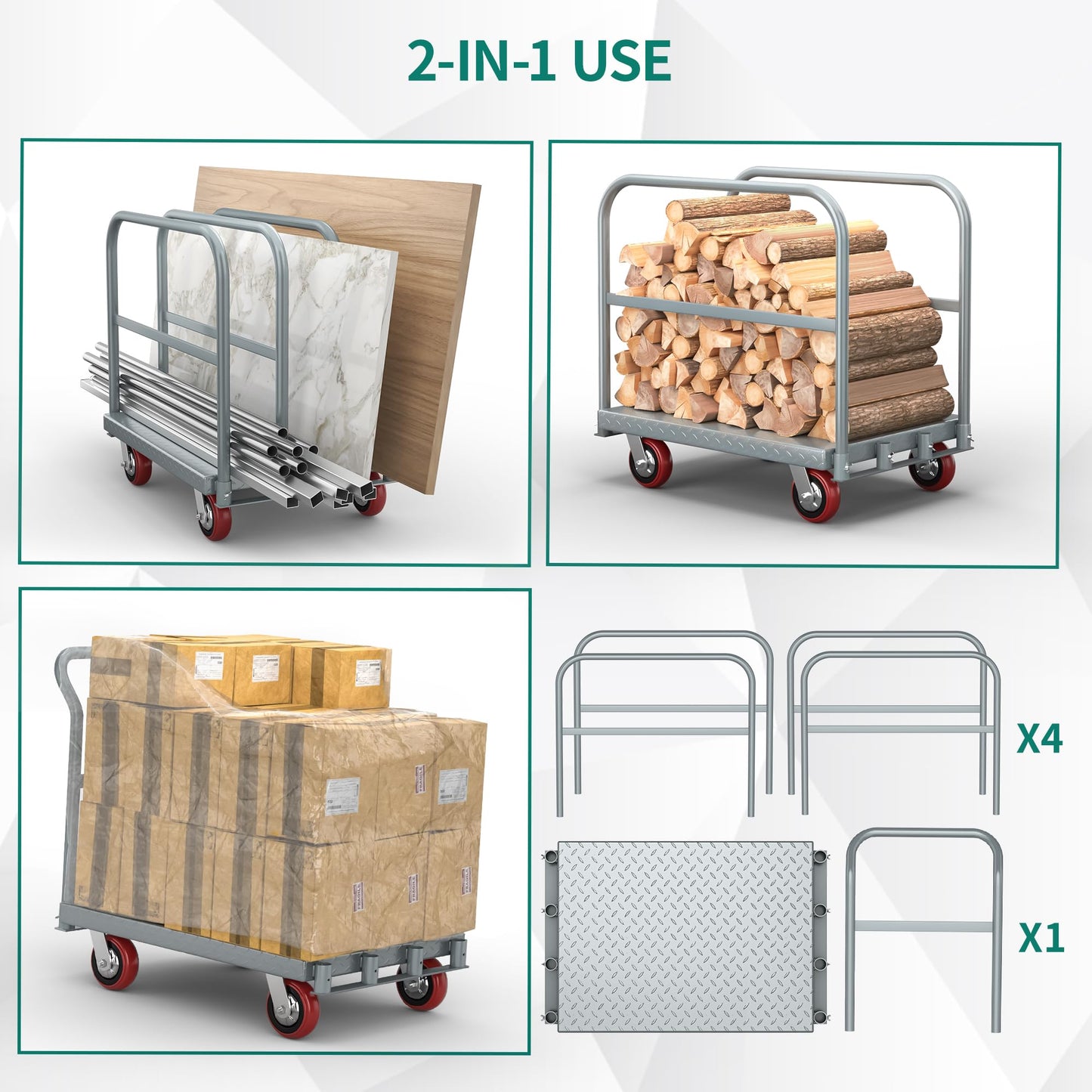 YITAHOME 2-in-1 Steel Panel Truck Cart 2200 LBS, Heavy Duty Platform Truck Carts with 4 Side Handrails, Flatbed Lumber Cart Drywall Carts with 4 Rubber Swivel Casters for Loading and Storage