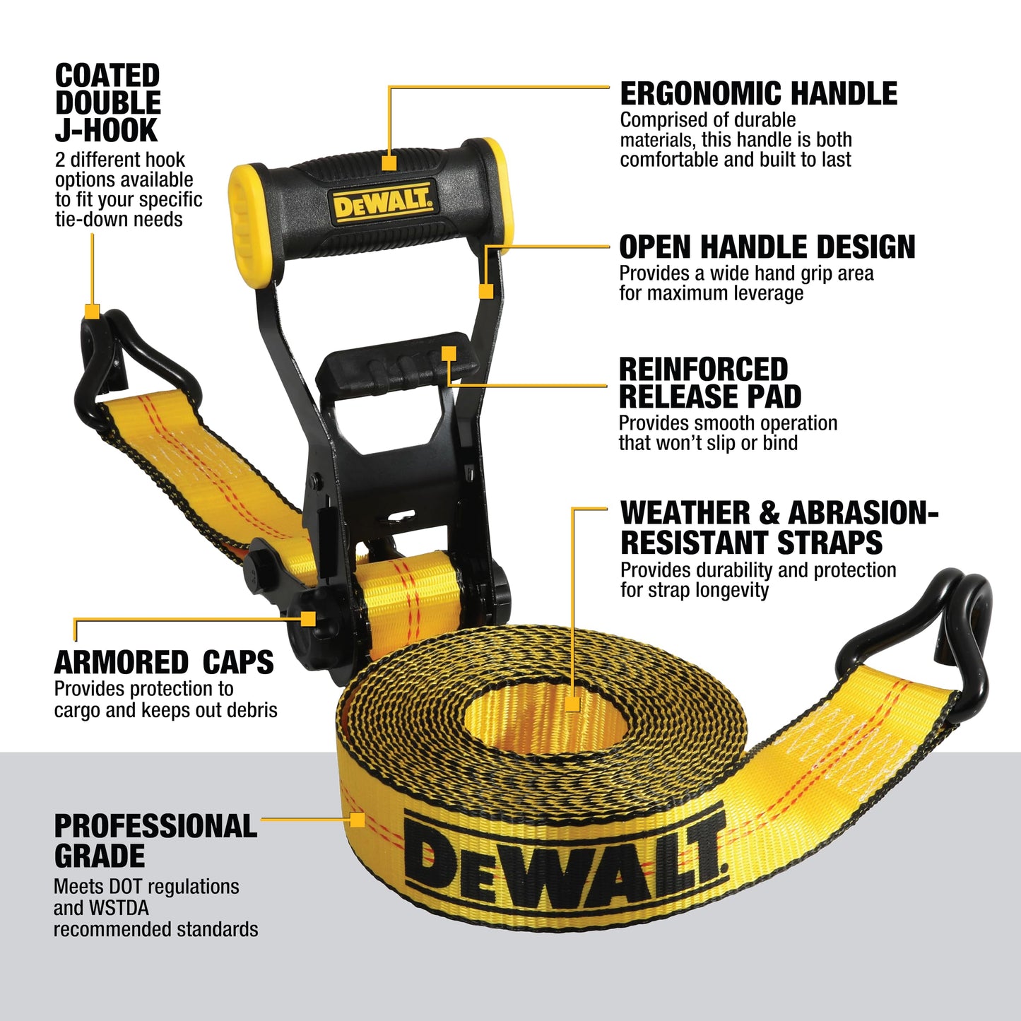 DEWALT DXBC10000J-6PK Black/Yellow 2" x 27' Ratchet Tie Down Straps with Double J-Hooks - Heavy-Duty Cargo Hauling (10,000 lb Break Strength), 6 Pack