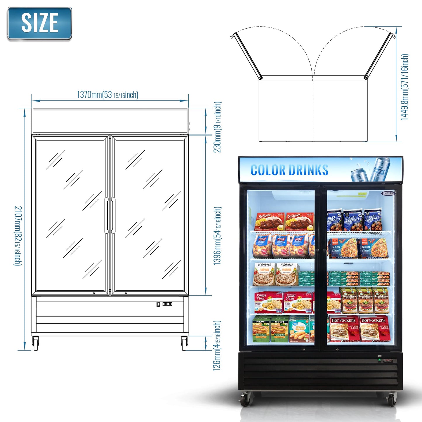 mikibama Glass Door Merchandiser Freezer, 44.7 Cu.ft Swing Door Commercial Reach-In Display Refrigerator with LED Top Panel Upright Freeze Storage, Double Cabinet, Black