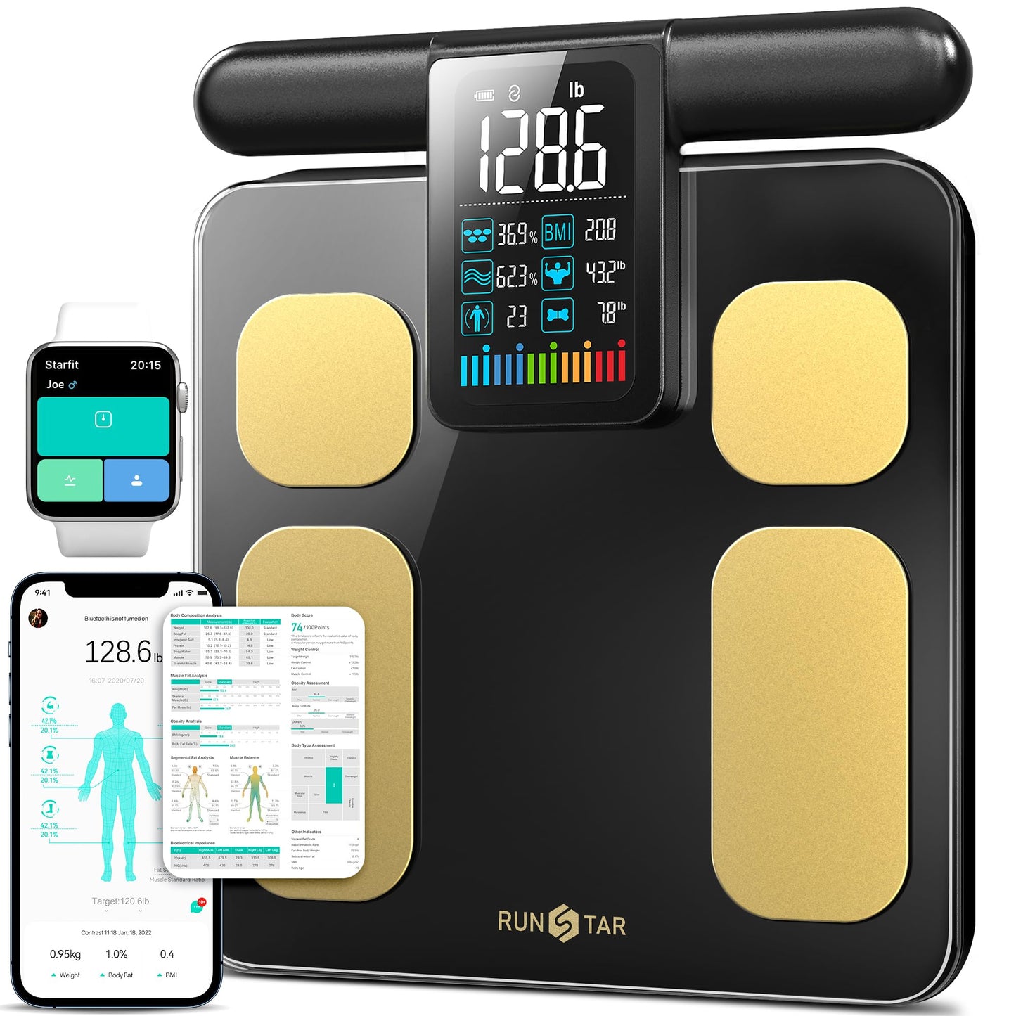 RunStar 8-Electrode Scale for Body Weight, Accurate Body Composition Scale with BMI Body Fat Muscle Mass 28 Metrics, Rechargeable Body Analyzer with Large Colorful Screen Handle, 400lb, BlackGold