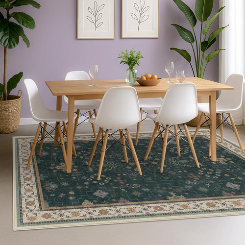 Hazo Haus Vintage Dark Green 6x9 Dining Room Rug - Washable Floral Low Pile Area Rug for Living Room | Non-Slip Design