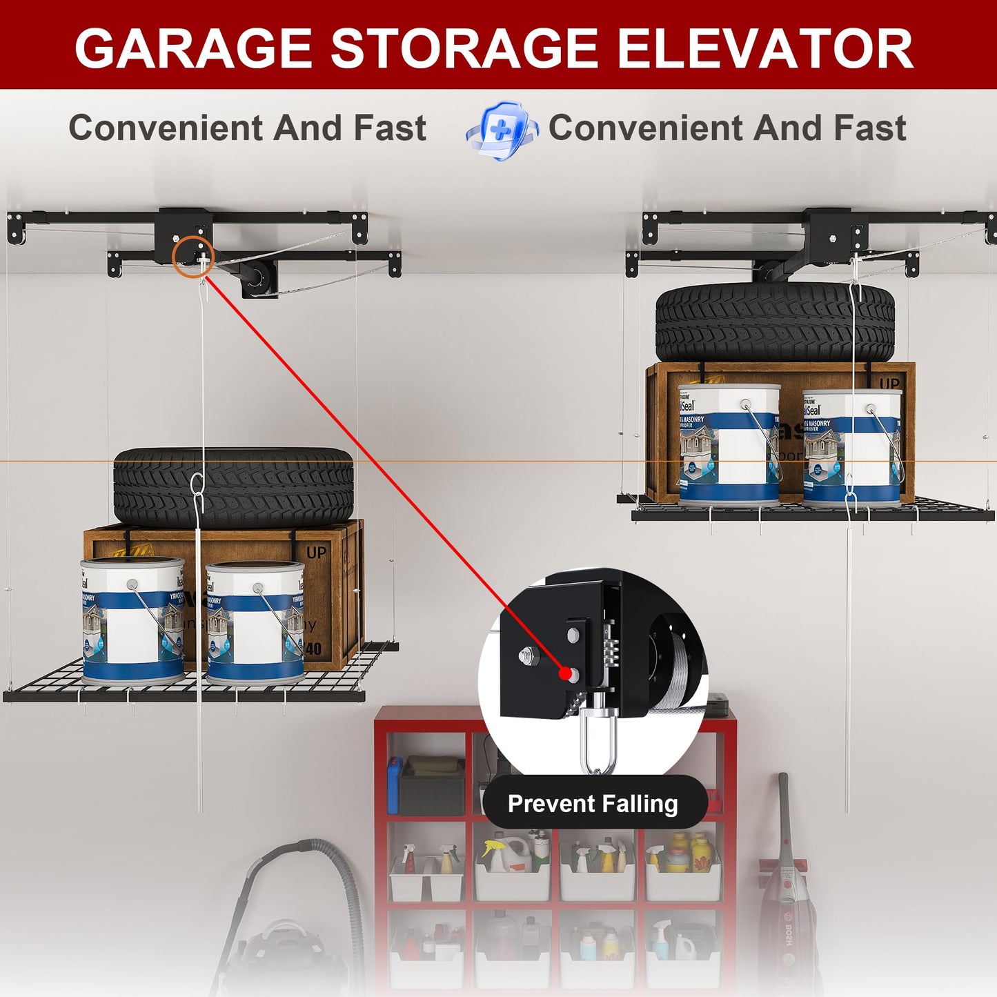 Leavader Manual Garage Storage Lift 4x4 FT for 10-12 ft Ceilings, Crank Down Overhead Storage Rack with Safety Lock, Heavy Duty Steel Garage Ceiling Storage System, 250LBS Capacity