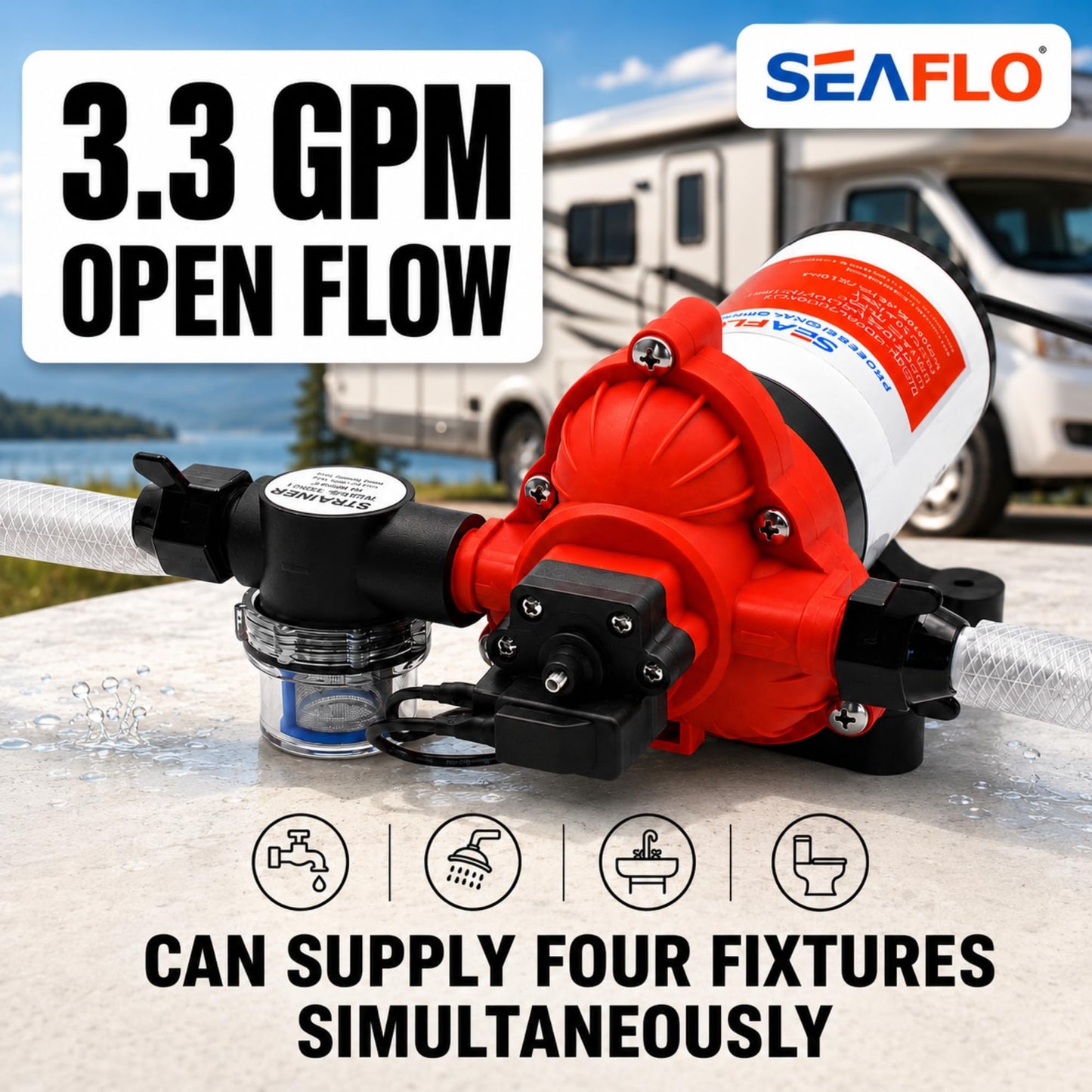SEAFLO 33 Series 110V/115V AC Fresh Water Pump, 3.3 GPM 45 PSI Self-Priming Pressure Pump with Smart Pressure Switch, Automatic Demand Pump for RV, Caravan Marine Boat Industrial Use, 4-Year Warranty