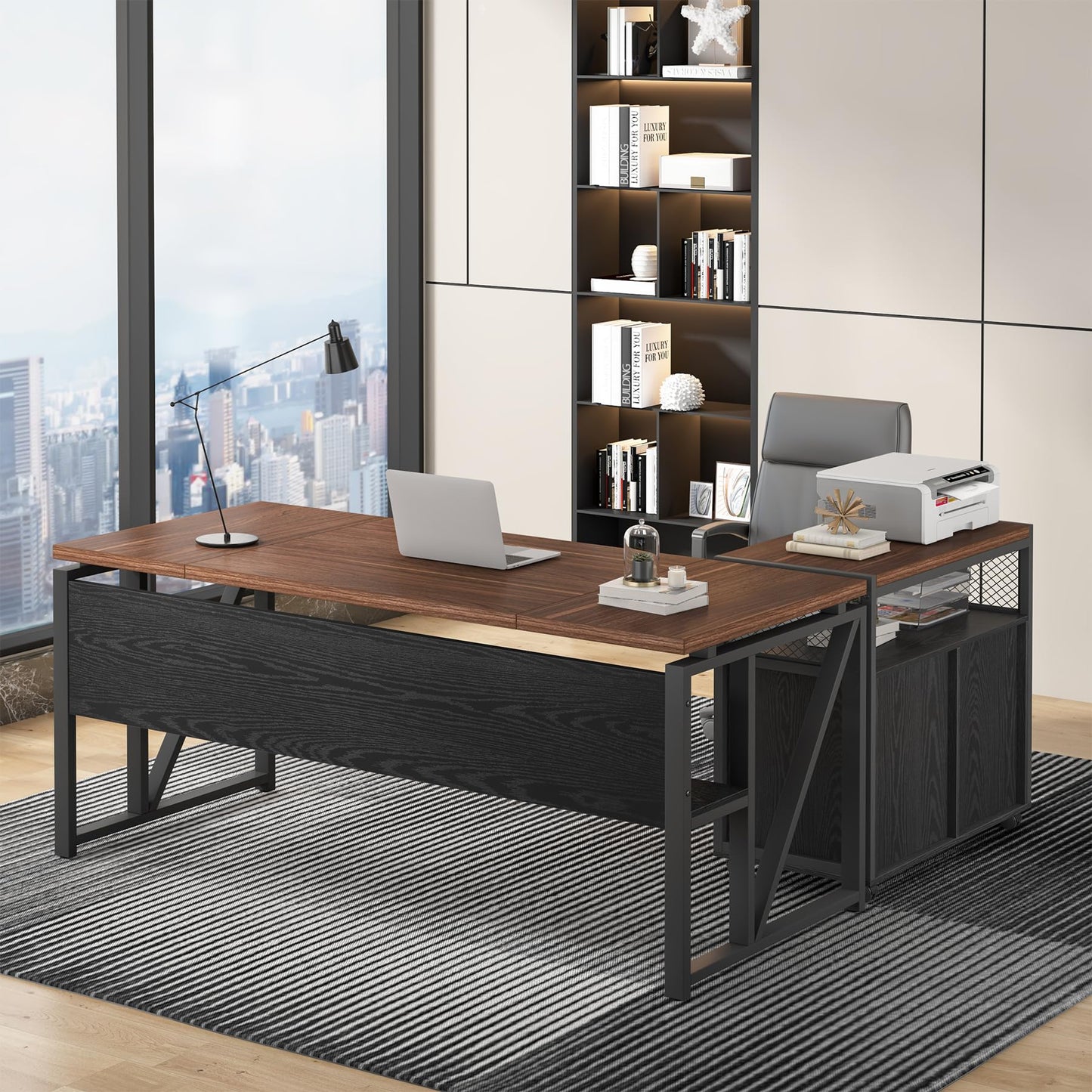 Tribesigns 63" Executive Deskwith Drawer Cabinet, L Shaped Desk and lateral File Cabinet, 2 Piece Home Office Furniture Set with Drawers for Hanging, Doors with Locks (Dark Brown, 63 inches)