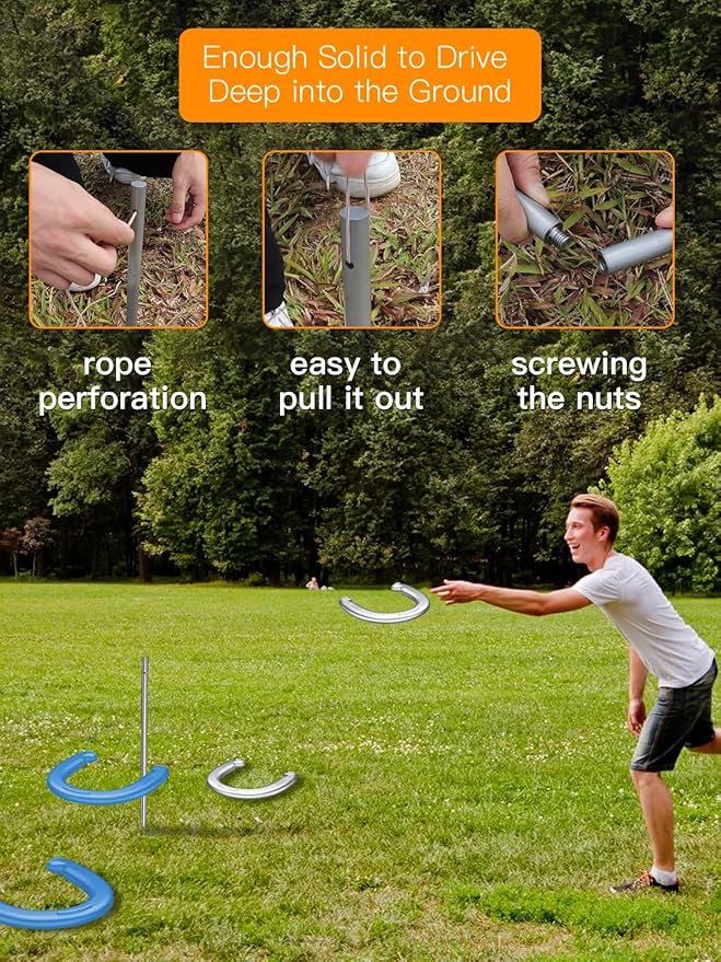 NQV Horseshoe Outdoor Game Set ?“Horse Shoe Game Kit,Sports Horseshoes Sets, Includes 4 Steel Horseshoes, 2 Metal Stakes & Carry Bag ??Perfect for Lawn, Backyard, or Tailgating