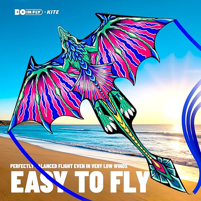Kite- Classical Dragon Kite ，Pink Wings Dragon Kites for Kids and Adults,Easy to Fly for Beginner Easter 57.1inch x 63inch Single Line with Tail, for Family Outdoor Games and Activities