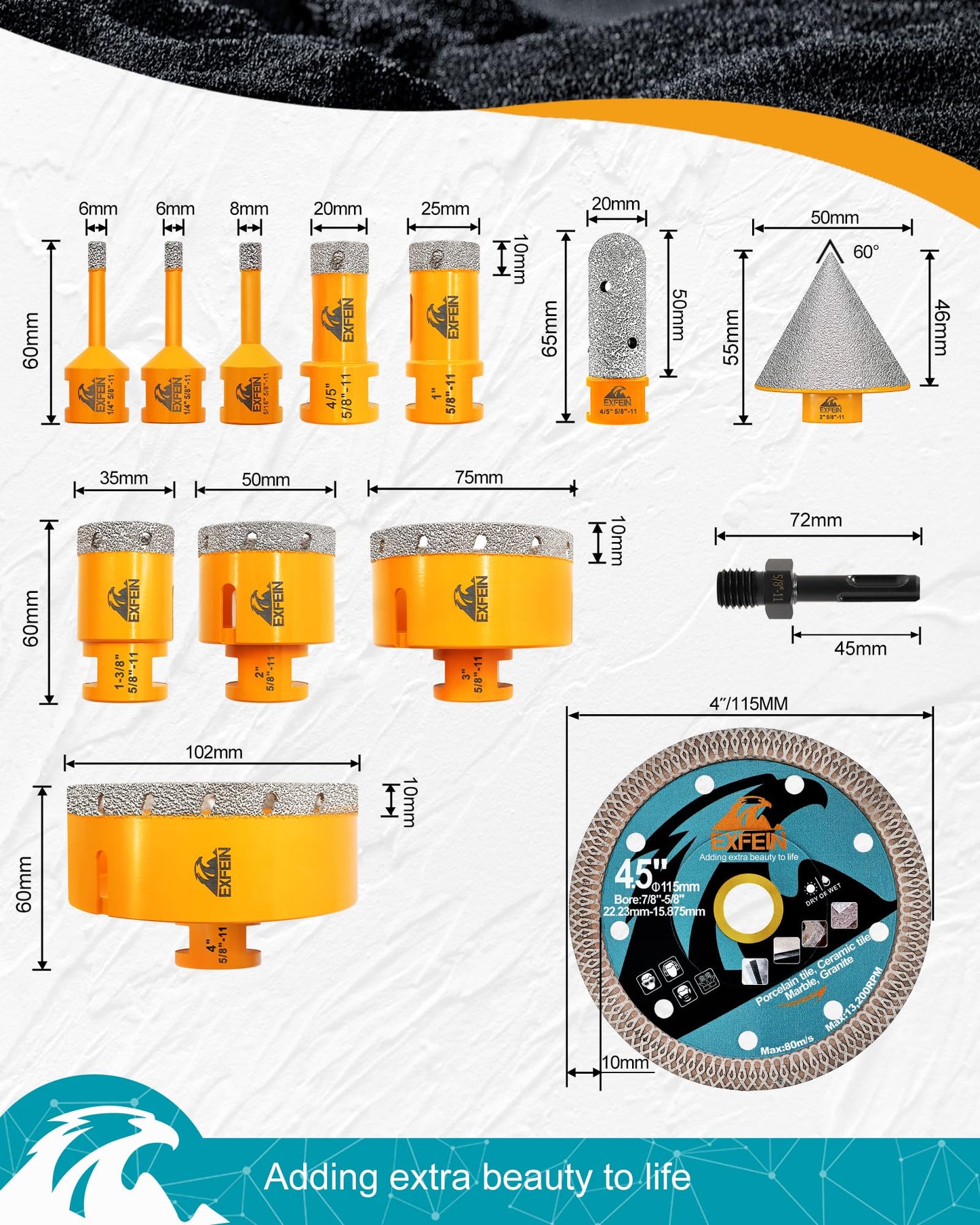 EXFEIN Diamond Core Drill Bits Set 13pcs - Diameter 1/4"(6mm) - 4"(102mm), 5/8-11" Thread Tile Hole Saw & Adapter & 4.5"(115mm) Diamond Blade for Porcelain Ceramic Marble Granite