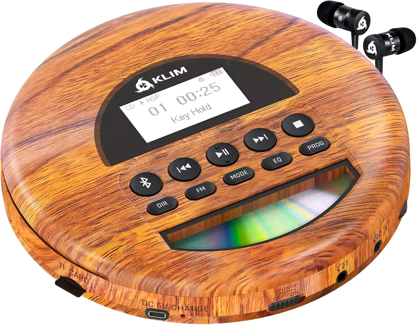 KLIM MP3 Nomad Wood - New - Portable CD Player Walkman - Long-Lasting Battery - Includes Headphones - Radio FM