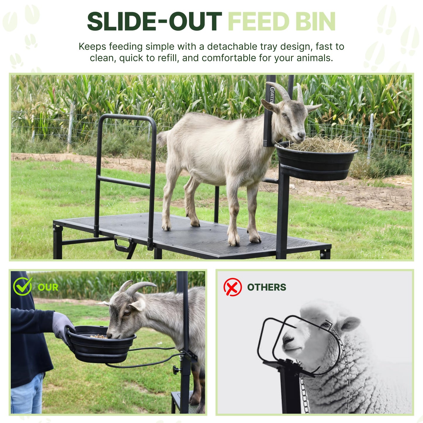 Goatzy Goat Stand with Adjustable Headpiece & Legs, Goat Milking Stand with Feeder, Rails & Wheels, Stanchion for Grooming & Hoof Trimming, Sheep Stand for Shearing Heavy-Duty Steel Platform, Black