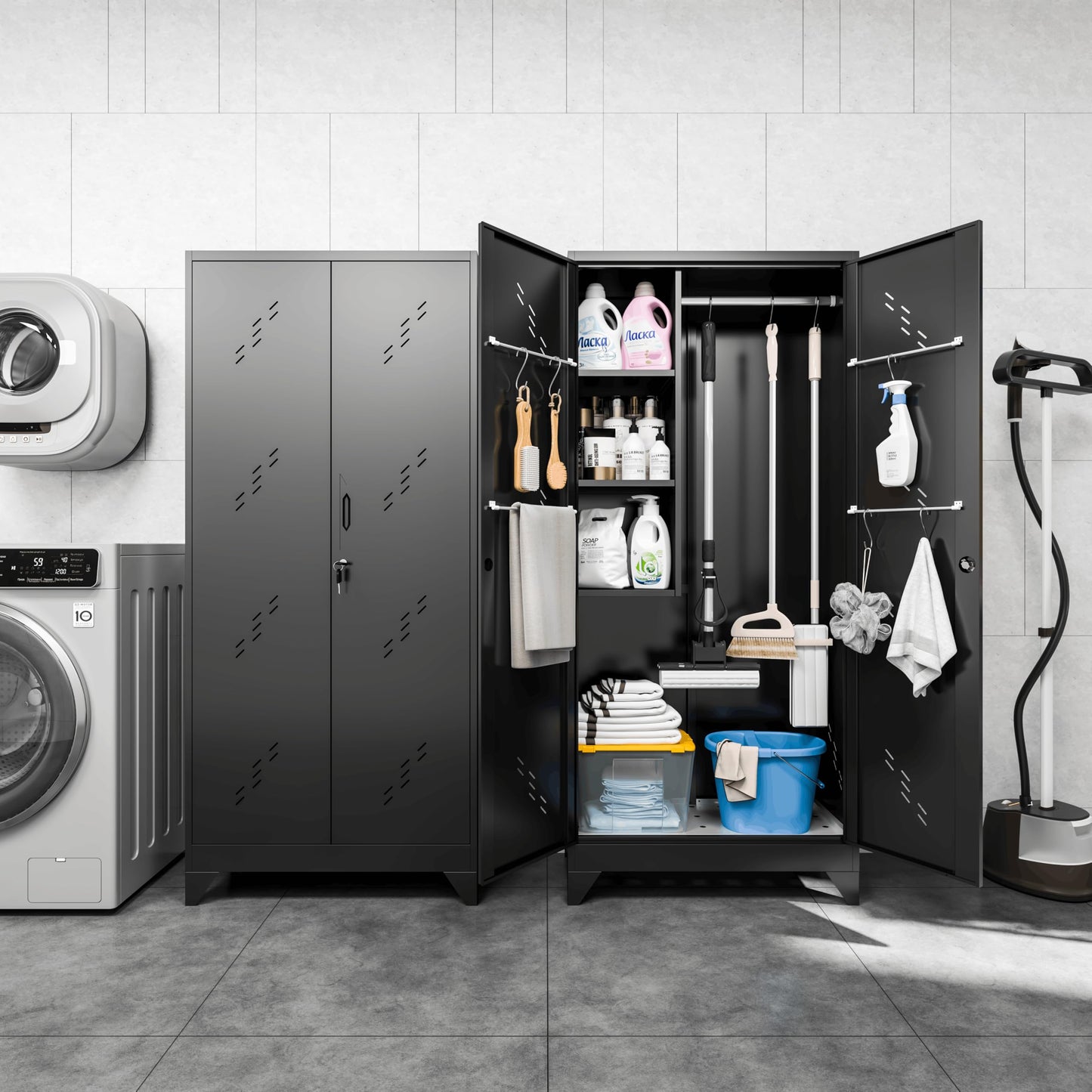 CBNTKI 75" Metal Garage Storage Cabinet, Cleaning Tool Storage Cabinet, Utility Garage Storage Broom Closet with Doors, Hanging Rod (Black, Door-2)