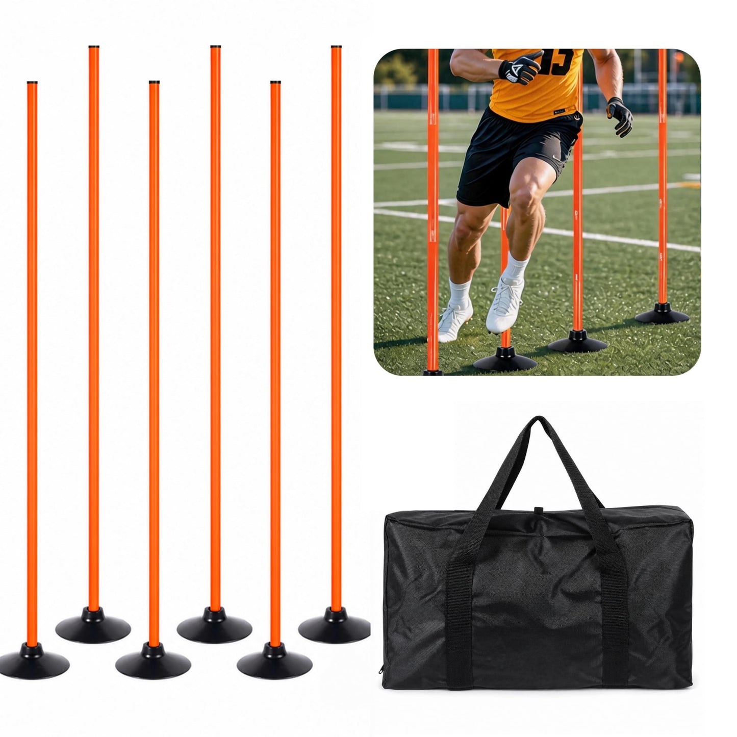 6 Pack Soccer Agility Training Poles, 5 FT Adjustable Speed and Agility Training Equipment for Football/Basketball/ Dog Practice, Bending Poles for Horses with Rubber Bases and Carry Bag (Orange)