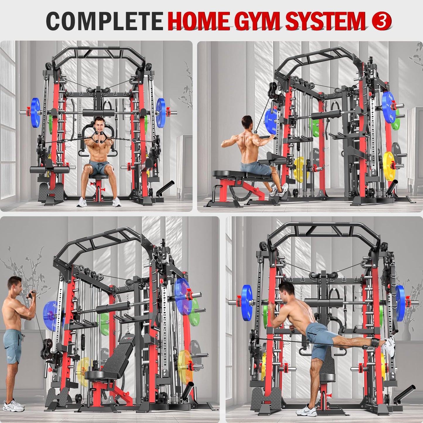 Smith Machine with Cable Crossover System, Multi-Function Squat Rack Power Cage for Home Gym, Power Rack and Packages Weight Sets (Red, L07-Smith Machine+Bench+(Pole+Cast lron) 341LBS)