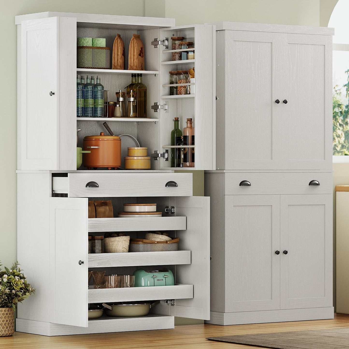 IRONCK Kitchen Pantry Cabinet 72" Height, Freestanding Cupboard with Drawer, Sliding Storage Rack, and 6 Hanging Shelves for Dining Room, Laundry, White