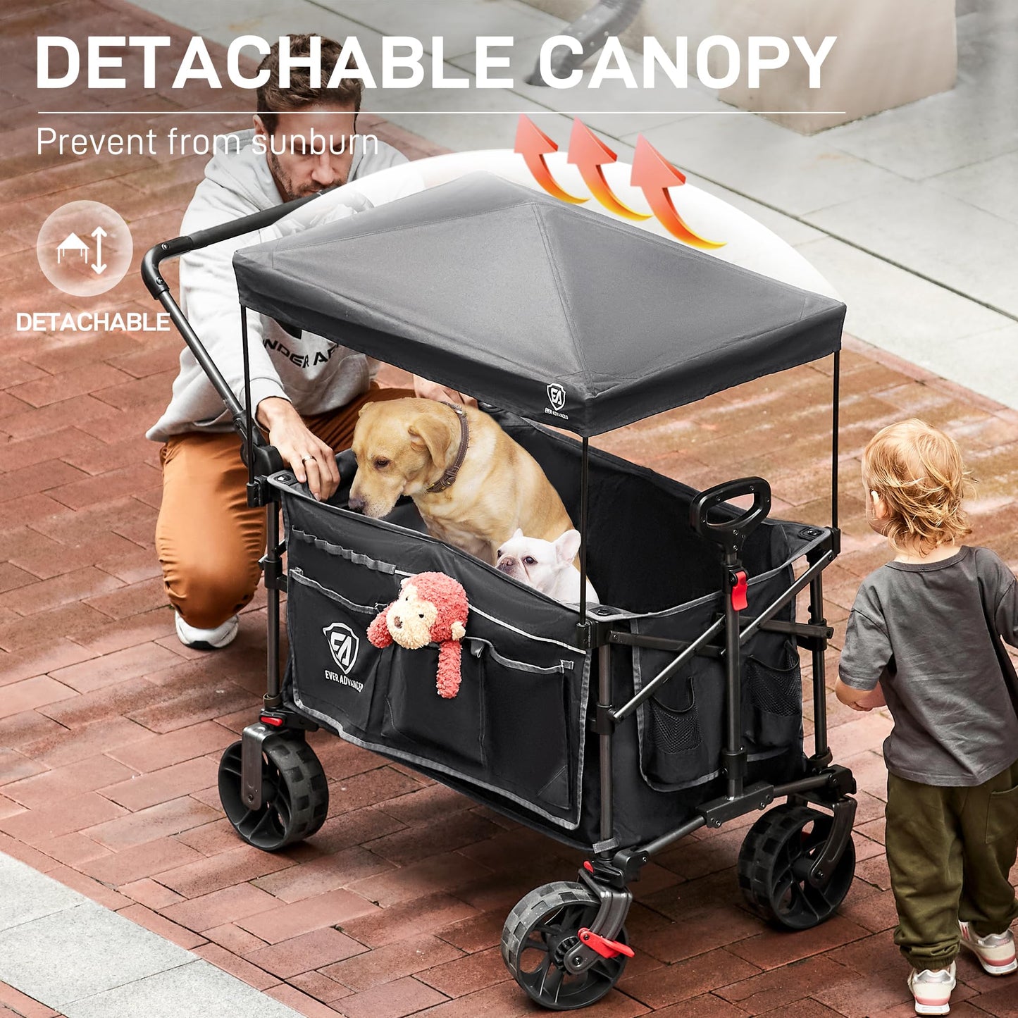 EVER ADVANCED Folding Push Wagon with Canopy, Portable Shopping Cart with Brakes, Collapsible Wagon Cart with All-Terrain Big Wheels for Camping, Beach, Sports