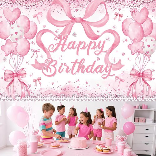 Cute Pink Bownot Birthday Party Backdrop Pink Bow Balloon Happy Birthday Banner Photography Background for Girls Teens Party Supplies 70.8 x 47.2 Inch