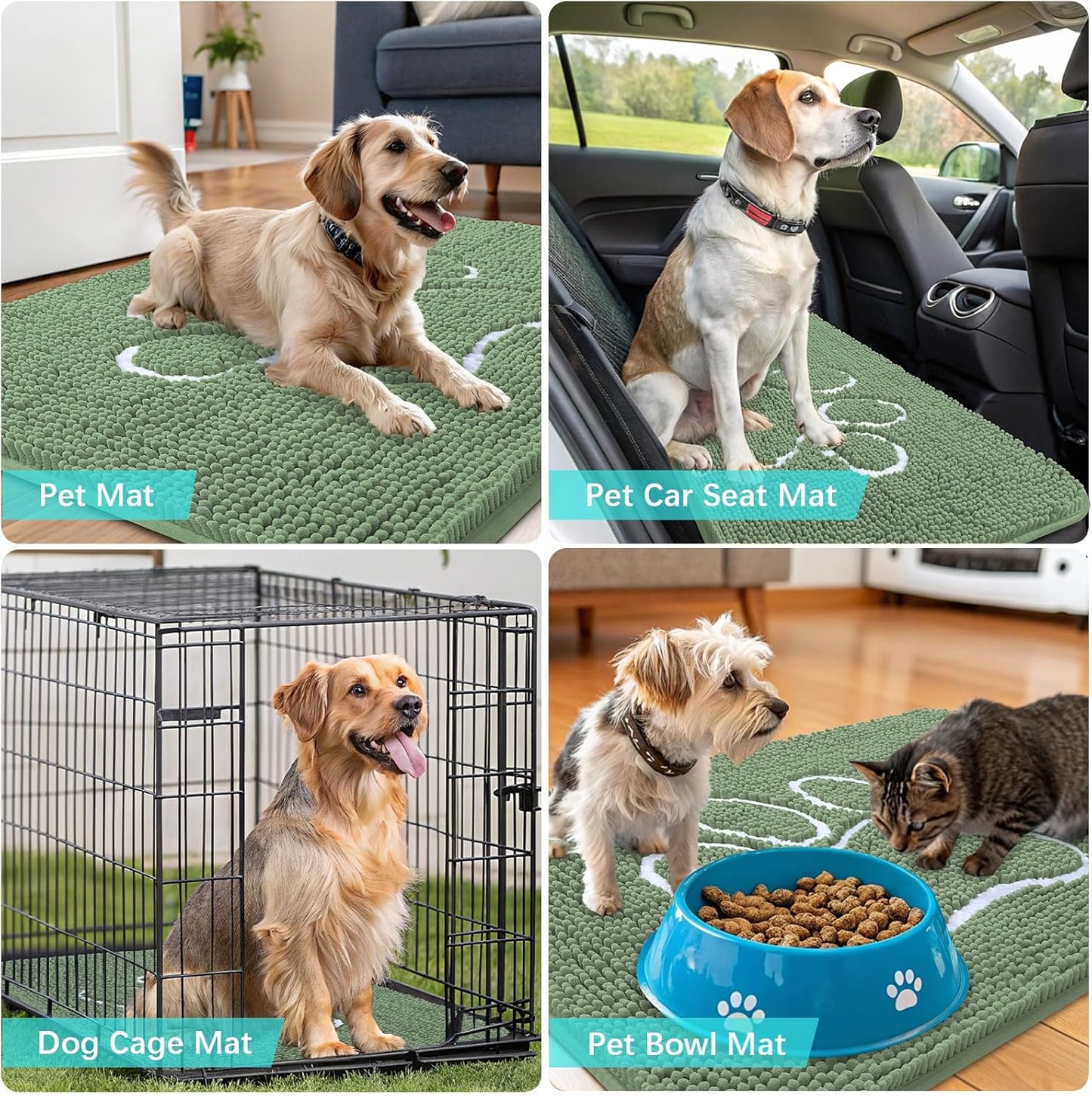 OLANLY Dog Door Mat - Absorbent Muddy Paws Doormat | Non-Slip Chenille, 36x24, Olive Green & White