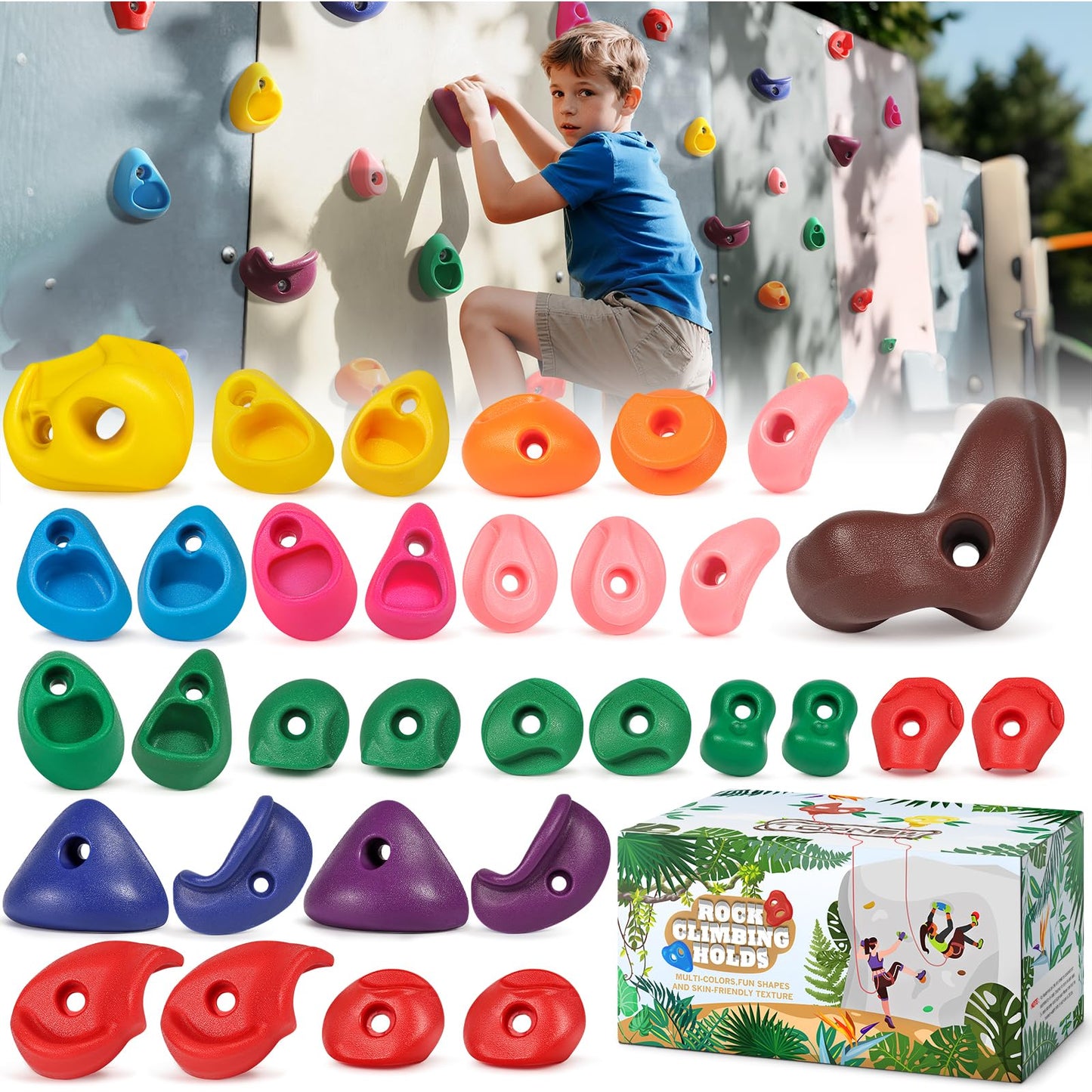TOPNEW 32 Rock Climbing Holds Multi Size for Kids, Adult Rock Wall Holds Climbing Rock Wall Grips for Indoor and Outdoor Playground Play Set - Includes 2 Inch Mounting Hardware