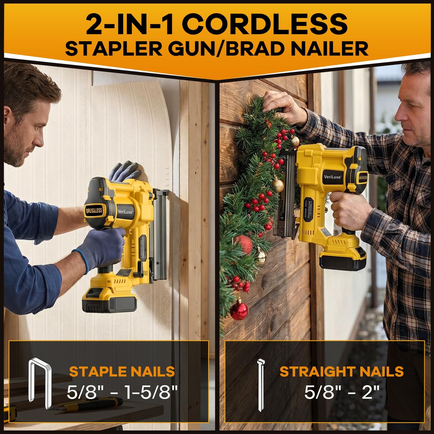Cordless 2" Brad Nailer Compatible with Dewalt 20V Battery (No Battery), 2-in-1 Electric 18 GA Nail Gun/Staple Gun Battery Powered with 1200 Nails/Staples, 2 Modes, Adjustable Depth, Safety Nose, LED