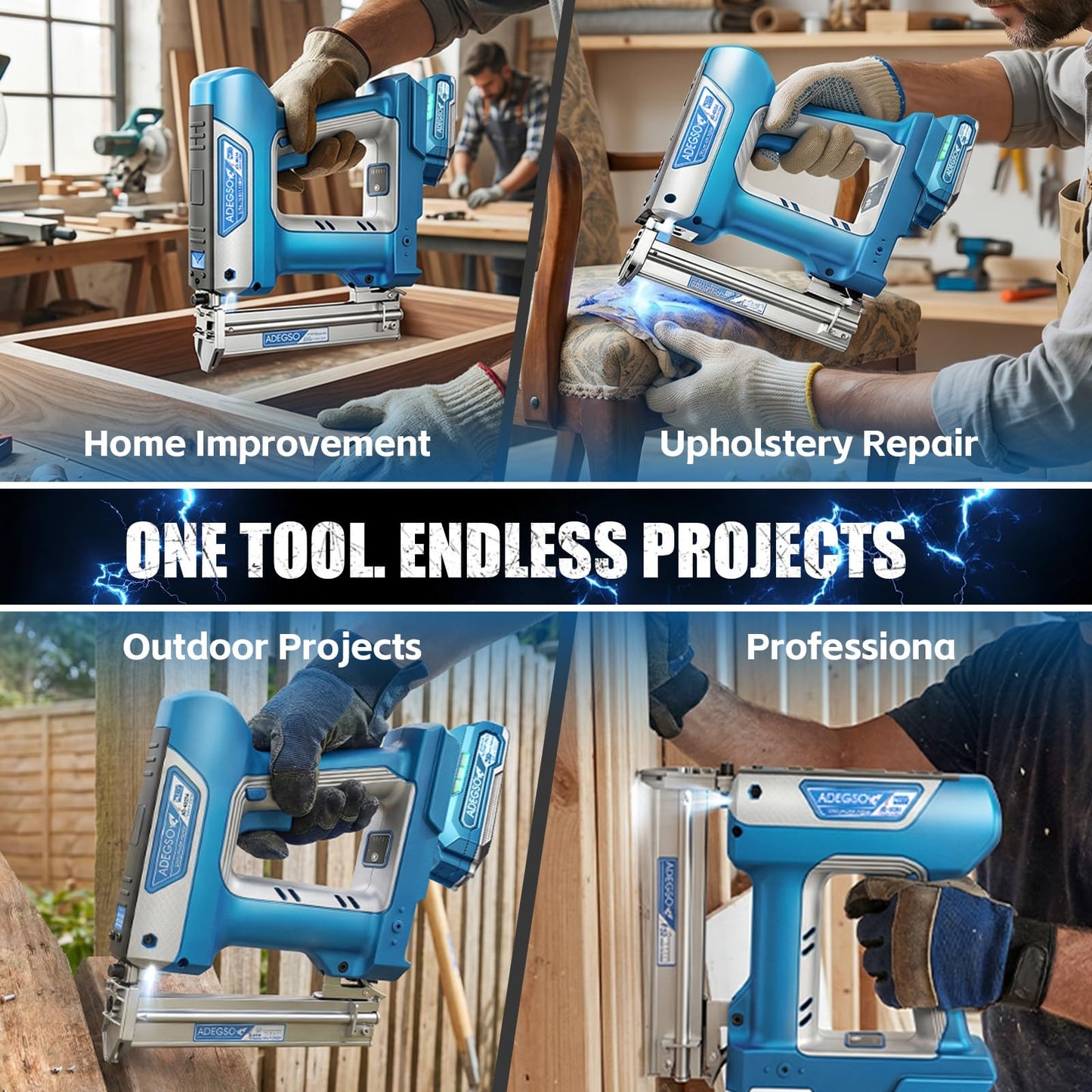 ADEGSO Cordless Brad Nailer Stapler, 18 Gauge 2-in-1 Battery Powered Nail Gun Kit with 2x 2.0Ah Batteries, Fast Charger & 1000 Nails & Staples Included, Ideal for Woodworking, Trim & DIY Projects