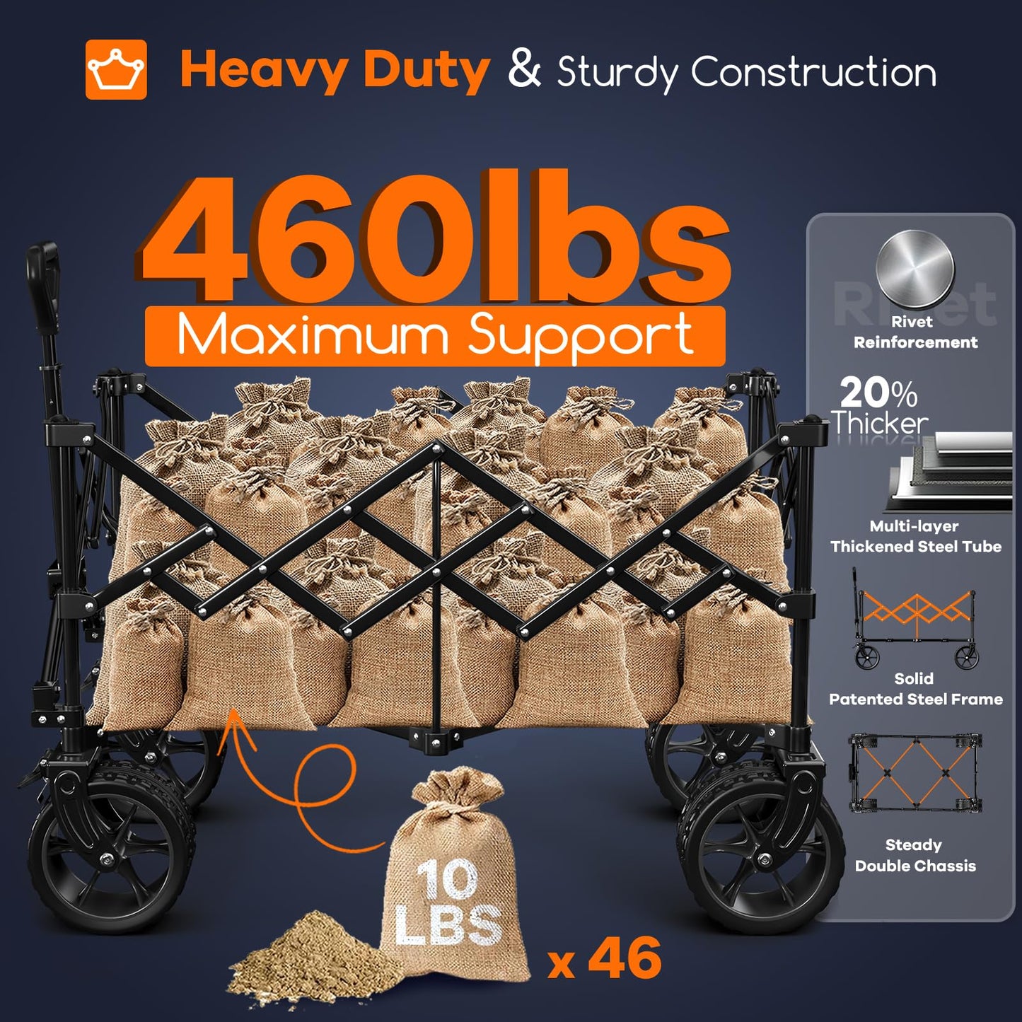 Originsure 220L Collapsible Wagon Cart Foldable, 460lbs Load Capacity Heavy Duty Folding Beach Wagons with Big All-Terrain Wheels, Utility Carts for Groceries, Shopping, Camping, Sports - Grey