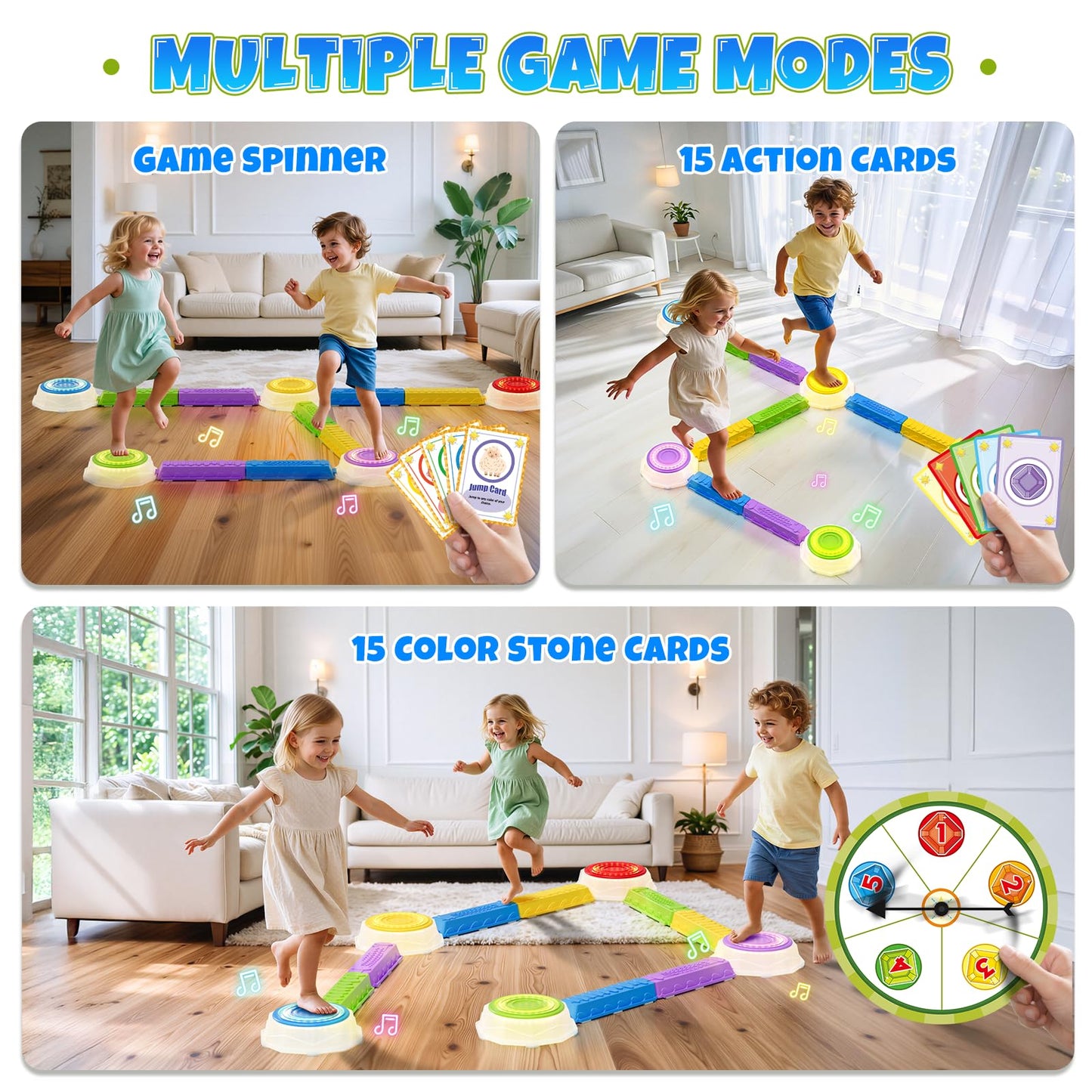 Wee Wonders Light Up Stepping Stones & Balance Beam for Kids, Step Stones with Piano Music, Game Spinner & 30 Cards, Non-Slip Sensory Obstacle Course Toys, Indoor Outdoor Gifts for Toddlers 3-5