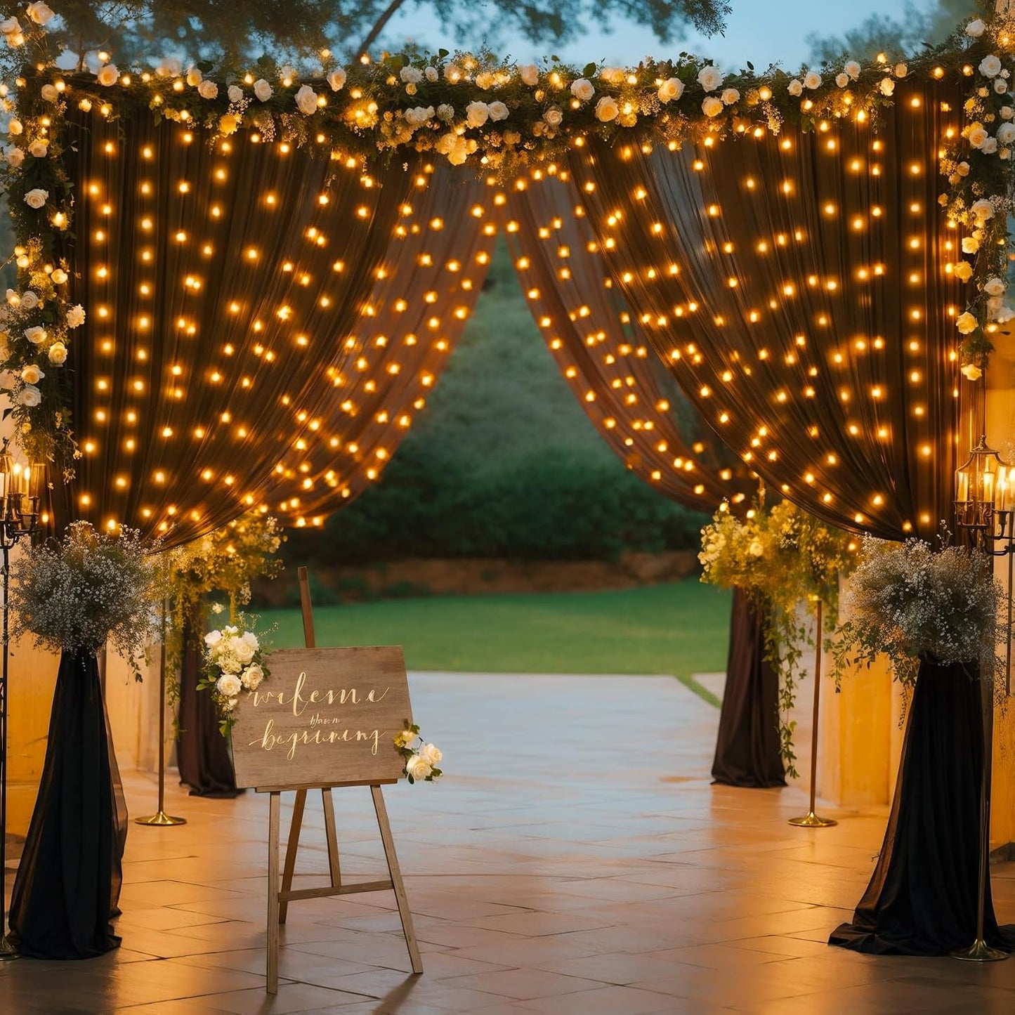 Wish Care 10x10FT Black Wrinkle Free Backdrop Curtains with Lights String for Parties - Photo Curtain Backdrop