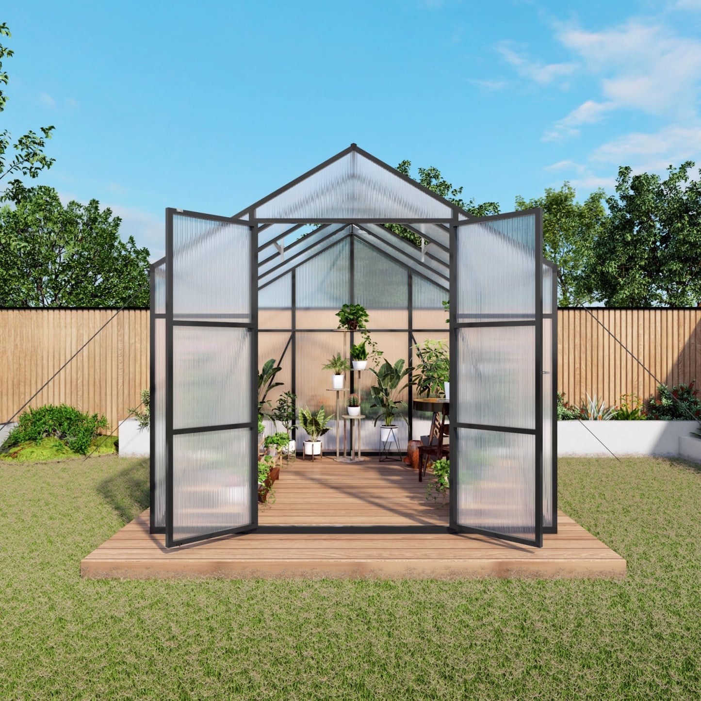 Trygoal 8x10 FT Greenhouse, Walk-in Outdoor Heavy Duty Polycarbonate Greenhouses with Aluminum Frame, High Headroom, UV Protection & Drainage System for Backyard All Season Growing, Black
