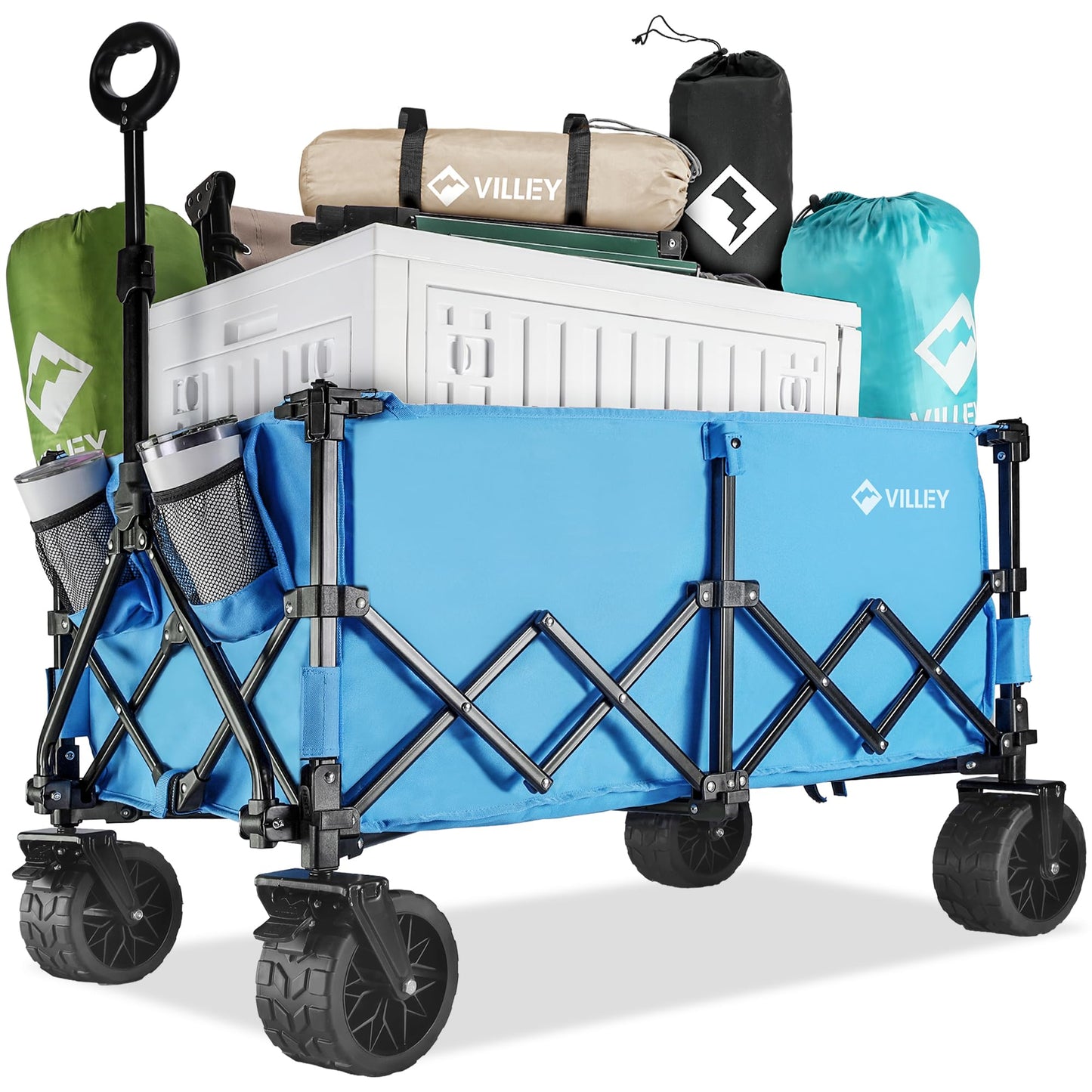 VILLEY Extended Collapsible Foldable Wagon with 330LBS Weight Capacity, 220L Heavy Duty Folding Utility Garden Cart with Big All-Terrain Beach Wheels with Brake & Drink Holders, Blue