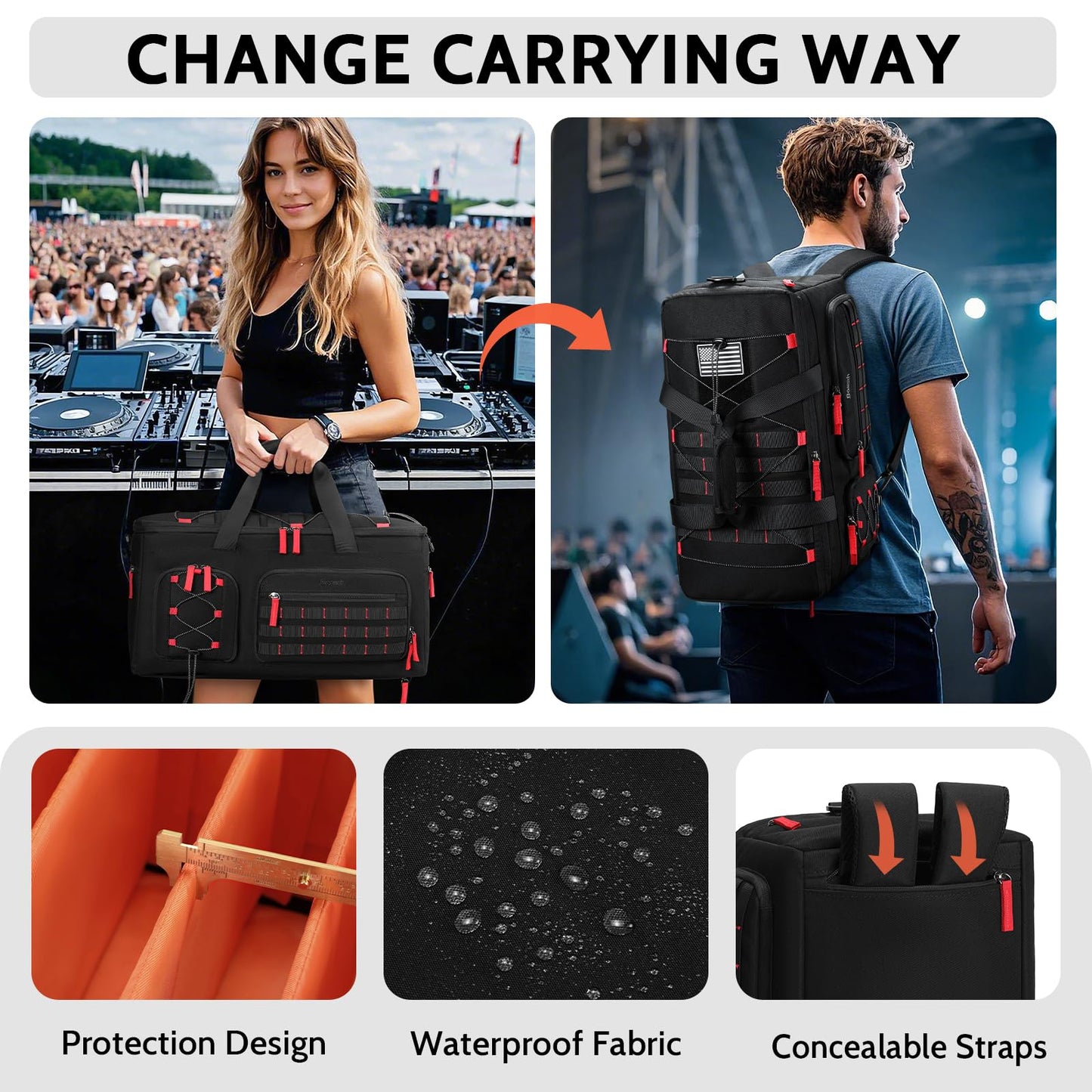 DJ Cable Gig Bag for Equipment, DJ Cable Organizer Backpack with Detachable Dividers and Padded Bottom, DJ Mixer Bag for Music Gear Accessories with 15.6'' Laptop Compartment (Black)