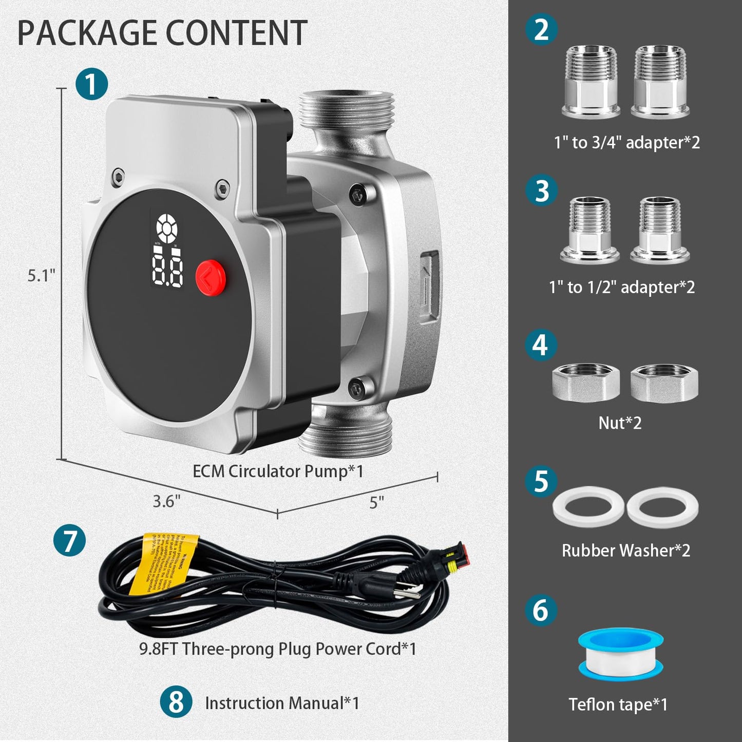 WASSERMANN 115V 30W Smart ECM Circulator Pump with 3 Control Modes, High Efficiency Circulator Pump for Tank Water Heaters/Domestic Hot Water Recirculating System, 1" 3/4" 1/2"NPT Adapter