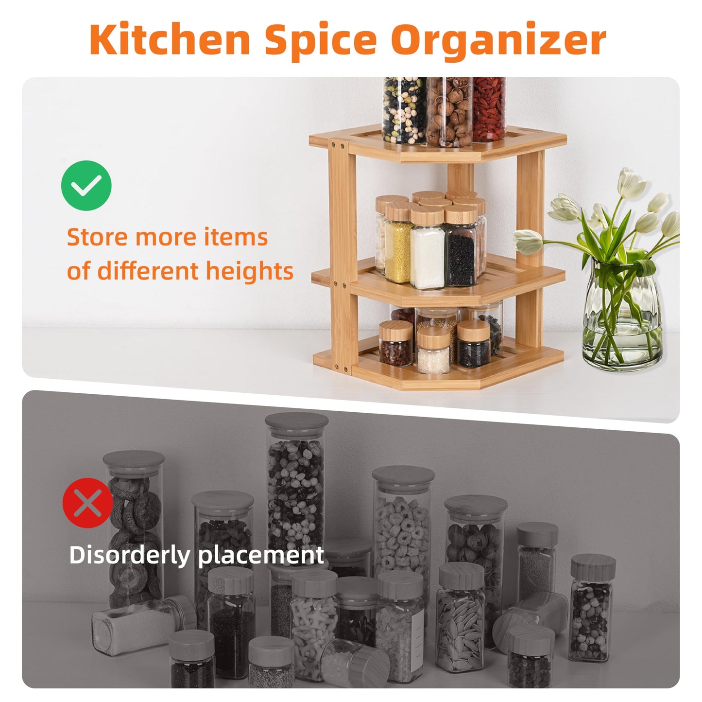 YUBAMIN Bamboo Kitchen Cabinet Organizer, 3 Tier Spice Rack Organizer for Cabinet, Space-Saving Spice Corner Shelf, Multi-Purpose Kitchen Counter Shelf for Spices, Plates, Fruits, Bread and Canned