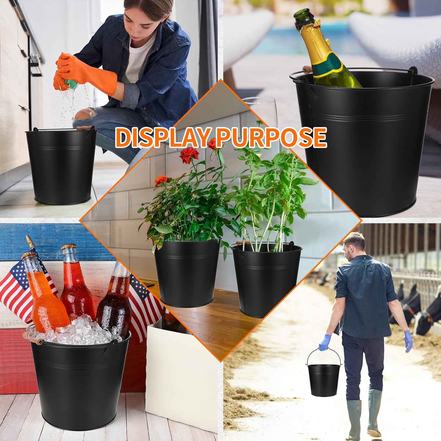 Didaey 24 Pcs Large Galvanized Metal Buckets with Handle 10 Inch Heavy Duty Stainless Steel Pails Round Pail for Party Wedding, Crafts, Utensils, Table Centerpieces (Black)