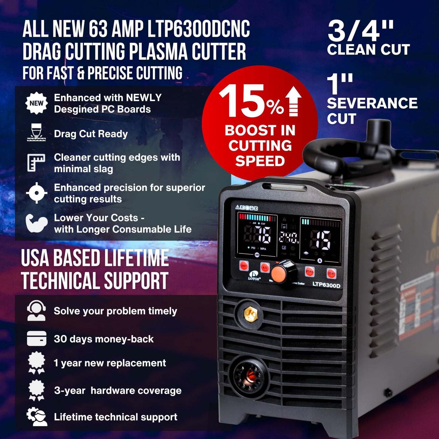 LOTOS Apex LTP6300DCNC | 63A CNC-Enabled Plasma Cutter, Drag-Cut Enables, Non-HF Blowback Pilot Arc, 3/4" Clean (1" Sever), THC/ARC OK, Dual-Voltage 110/220V, LED Controls, Portable Air Plasma Cutter