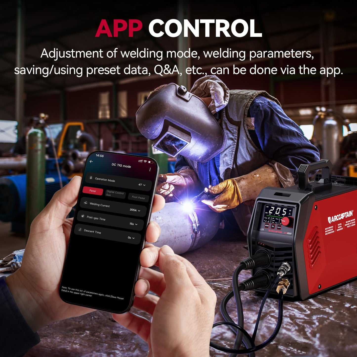 ARCCAPTAIN iControl TIG 205 Pro, 5 In 1 Cold Spot Stick/TIG Welder, 120V/240V Welding Machine with Large LED Display, 2T/4T, Hot start, Arc Force and Anti-stick