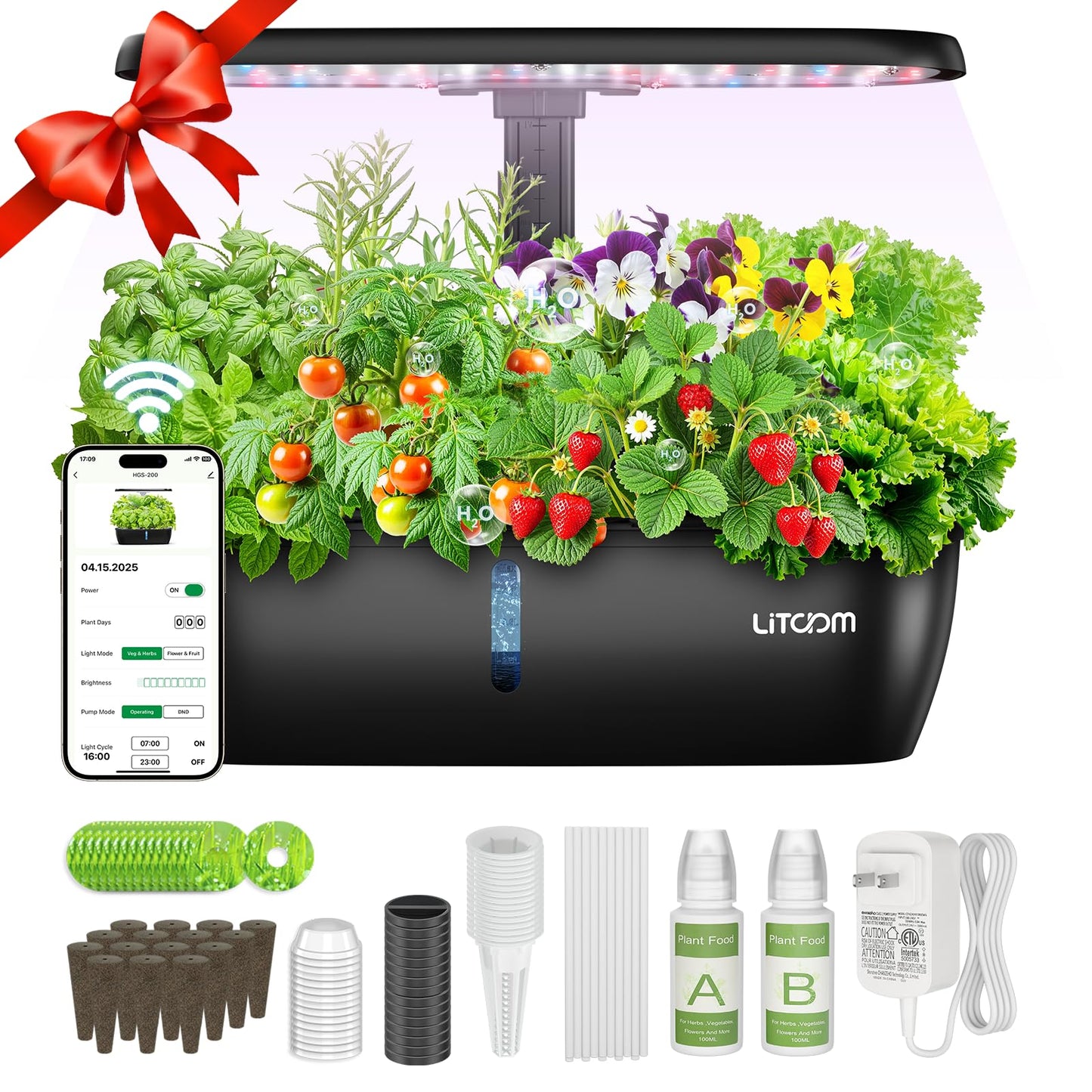 litokam Hydroponics Growing System Kit, 15 Pods Indoor Herb Garden with Smart APP & Quiet Pump, 24W LED Light, Auto Timer, Indoor Garden for Herbs, Vegetables & Flowers, Ideal Gift for Plant Lovers