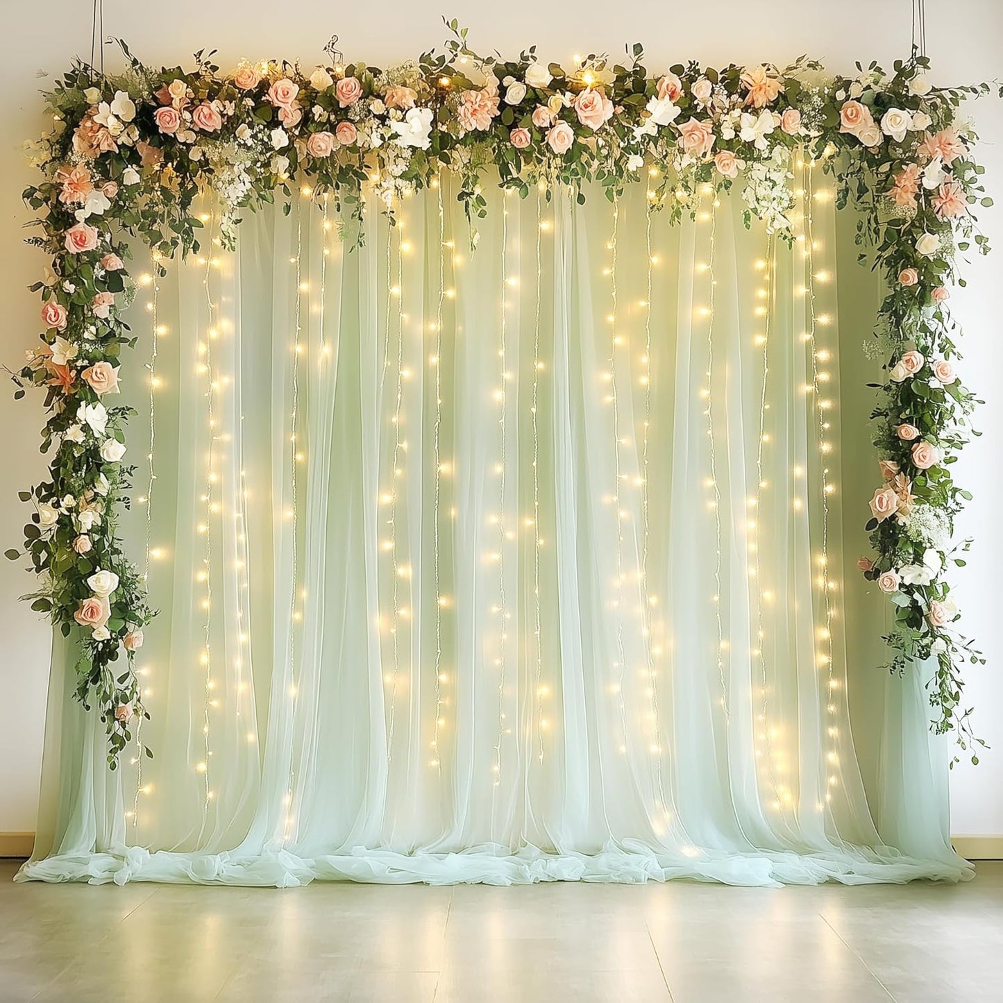 10FT 10FT (2 5x10FT) Fomcet Sage Green Tulle Backdrop Curtains with Lights String X Sheer Curtain with Lights Tulle