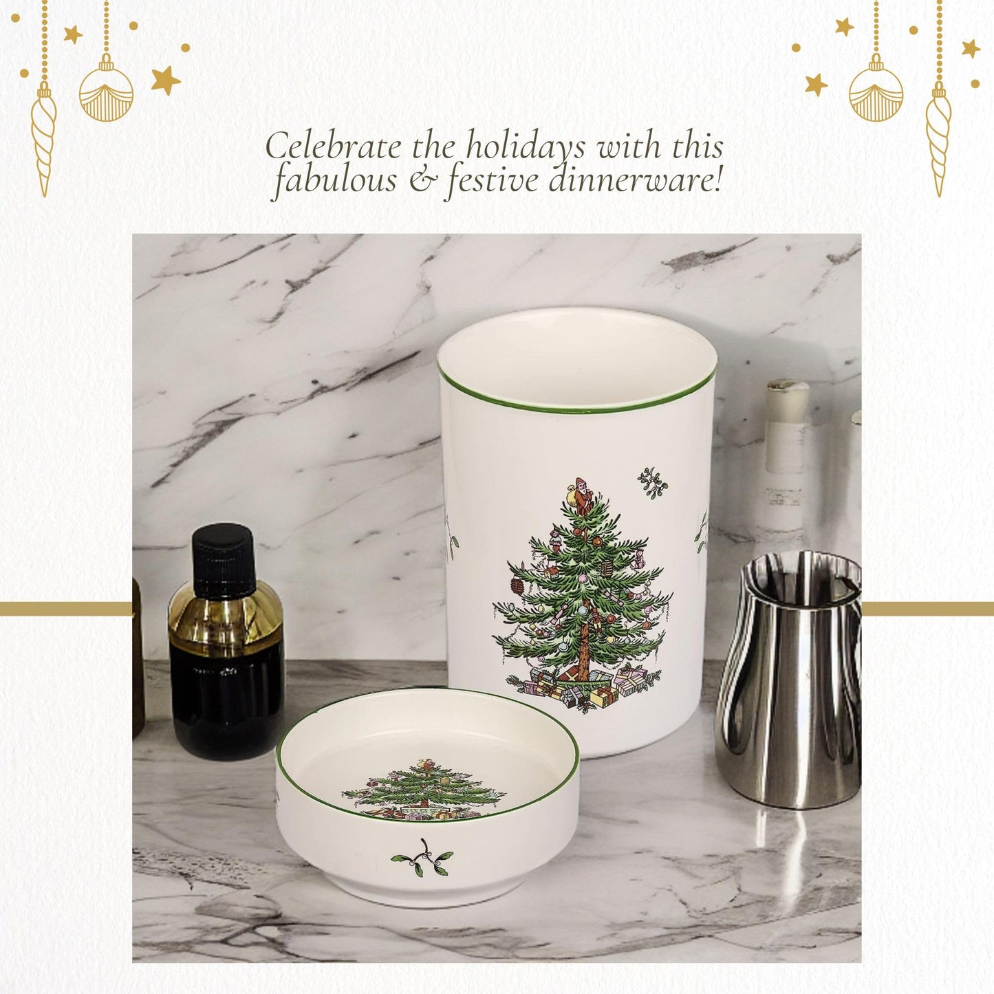 Spode Christmas Tree Wine Chiller & Coaster Set, Dishwasher, Microwave & Freezer Safe - Stoneware Wine Cooler with Festive Coaster - Hostess Gift for Holiday Entertaining