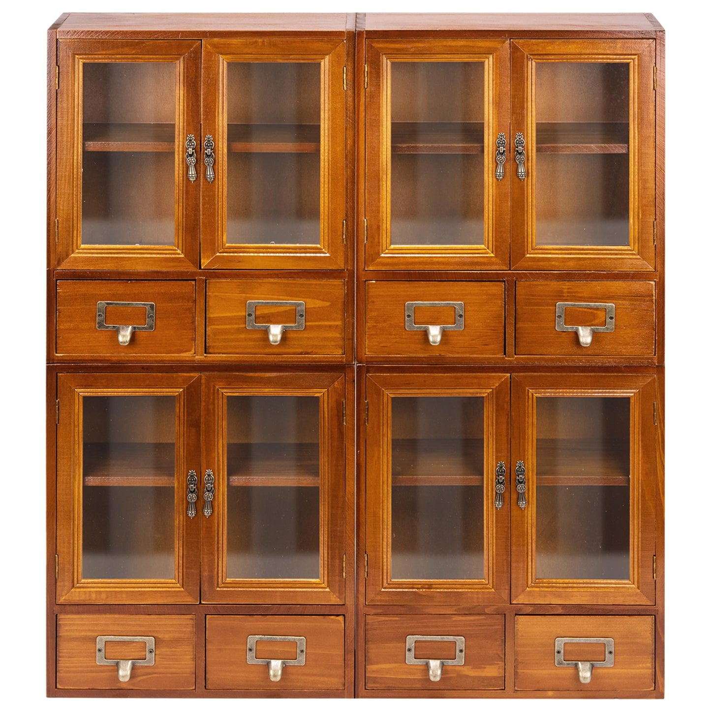 Stackable Modular Set of 4 Mini Cupboards - 8-Drawer Pantry Storage Cabinet - Dark Mahogany Wood Cabinets with 4 Glass Doors and 8 Shelves - Shelf Cabinet Storage Organization, Fully Assembled